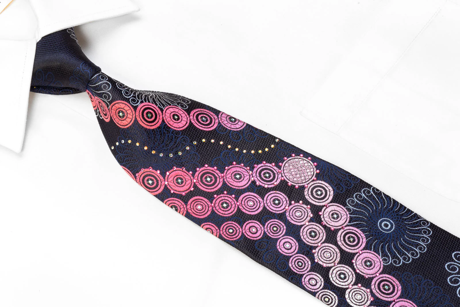 Renoma Men's Rhinestone Necktie Purple Geometric On Navy With Silver Sparkles - Image 2