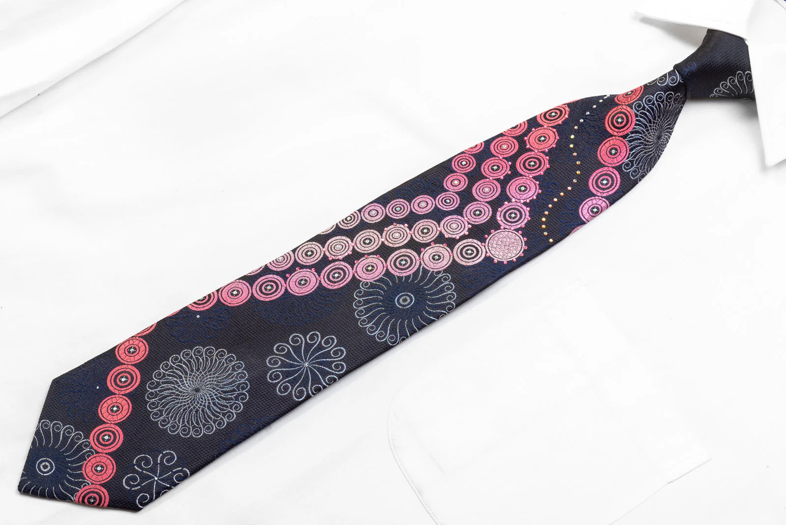 Renoma Men's Rhinestone Necktie Purple Geometric On Navy With Silver Sparkles - Image 3