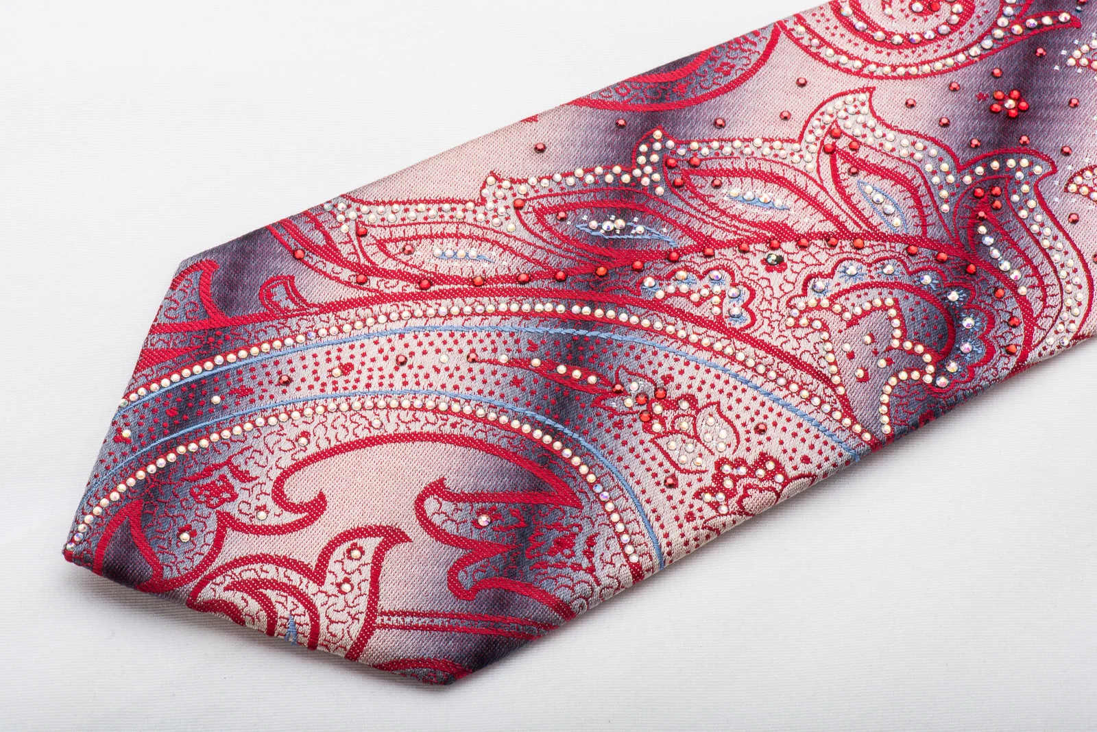 Renoma Men's Rhinestone Necktie Red Paisley On Silver With Sparkles - Image 2