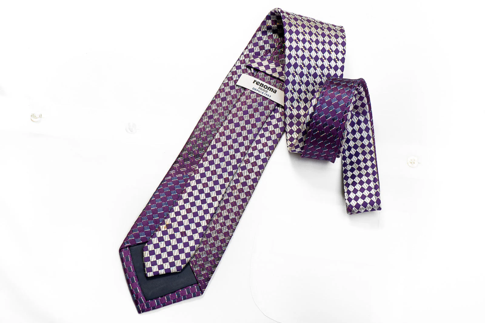 Renoma Men's Rhinestone Necktie Silver Purple Checkered With Silver Sparkles - Image 4