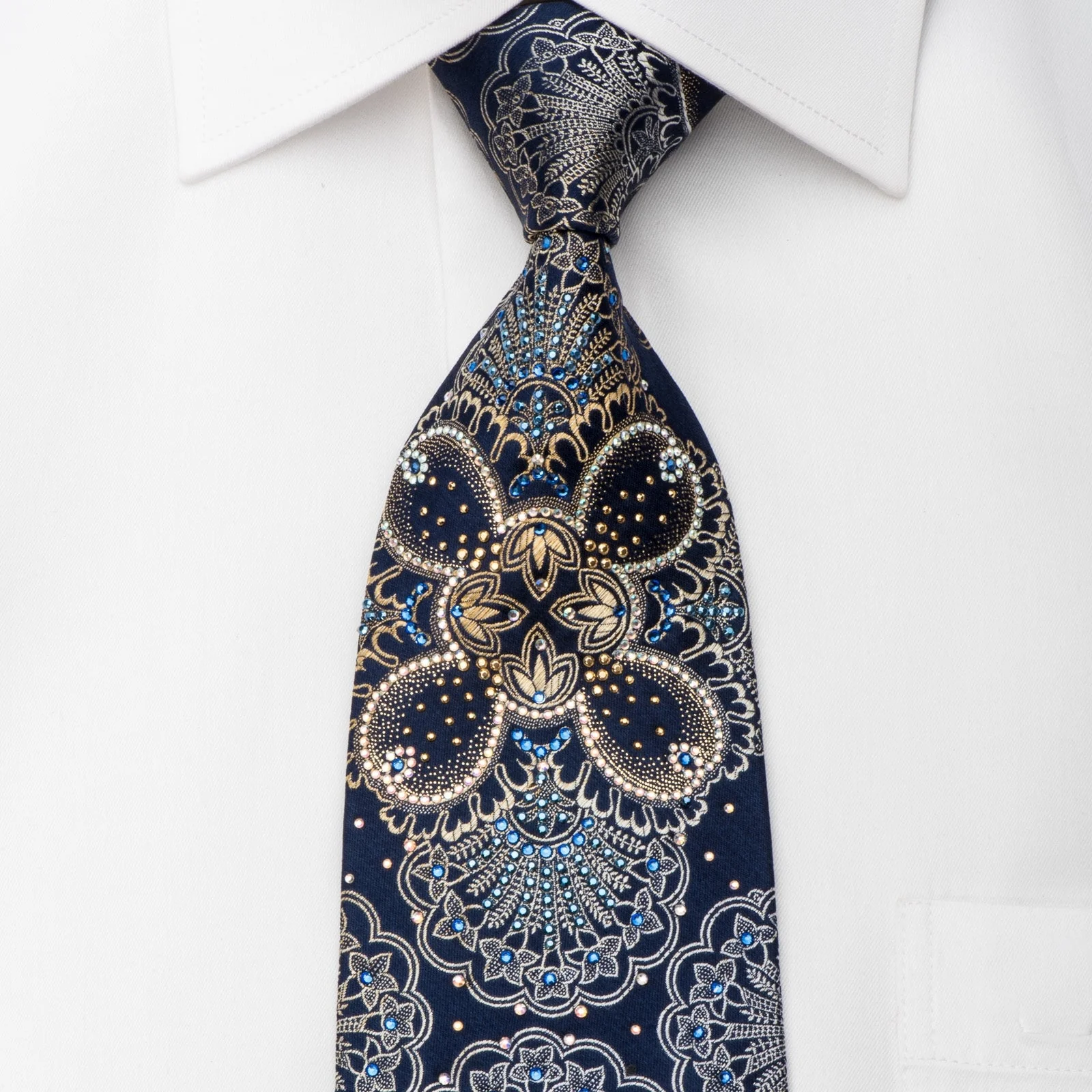 Renoma Men's Rhinestone Silk Necktie Anthemion On Navy With Gold Sparkles