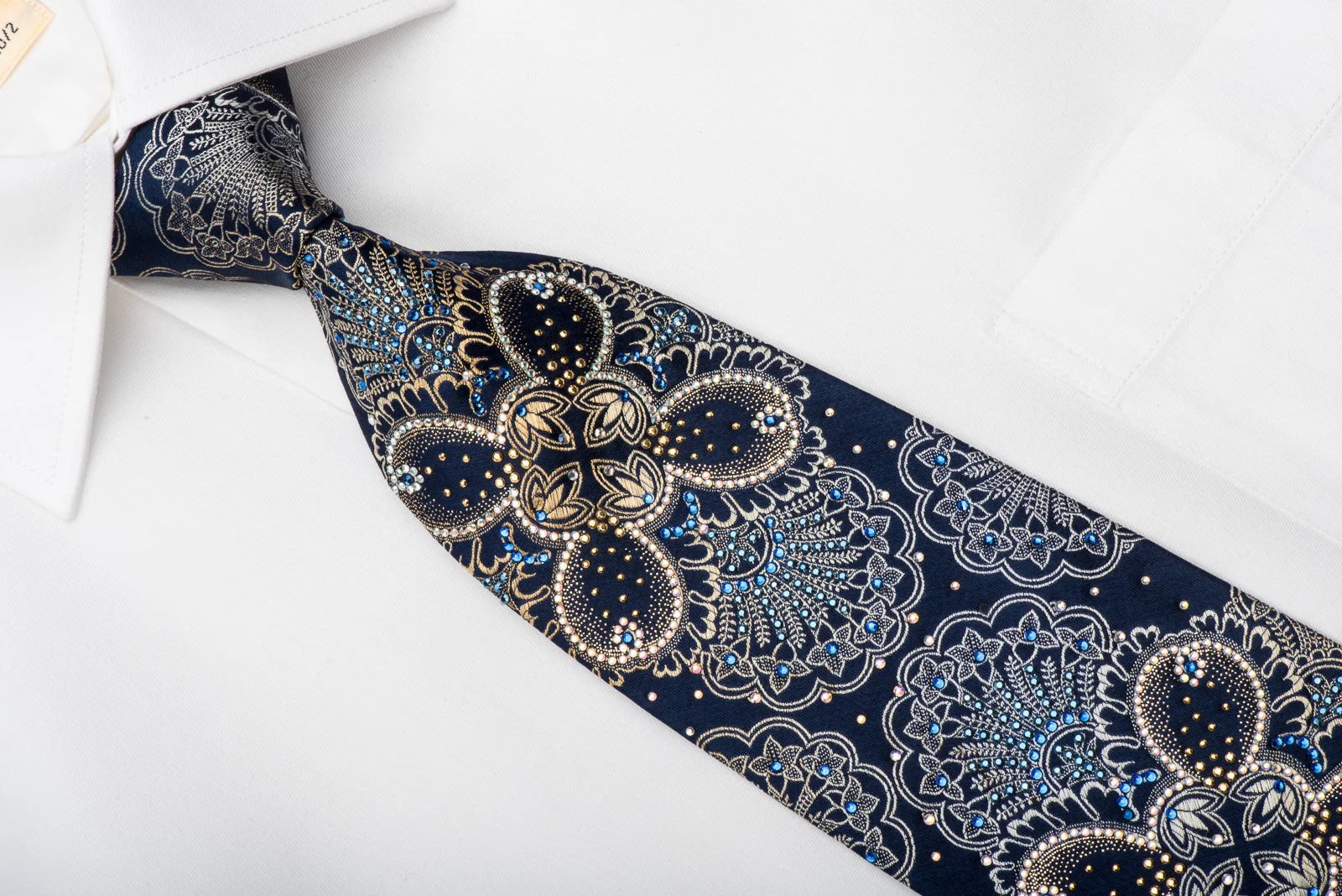 Renoma Men's Rhinestone Silk Necktie Anthemion On Navy With Gold Sparkles - Image 2