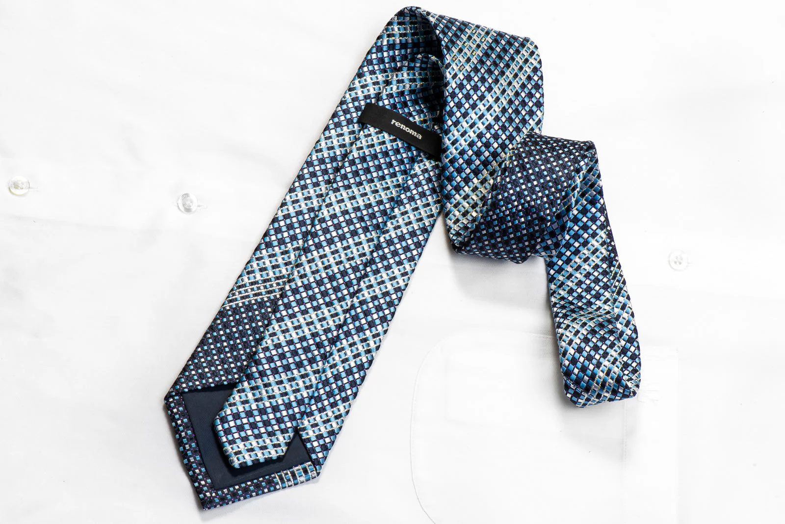 Renoma Men's Rhinestone Silk Necktie Blue Checkered With Silver Sparkles - Image 4