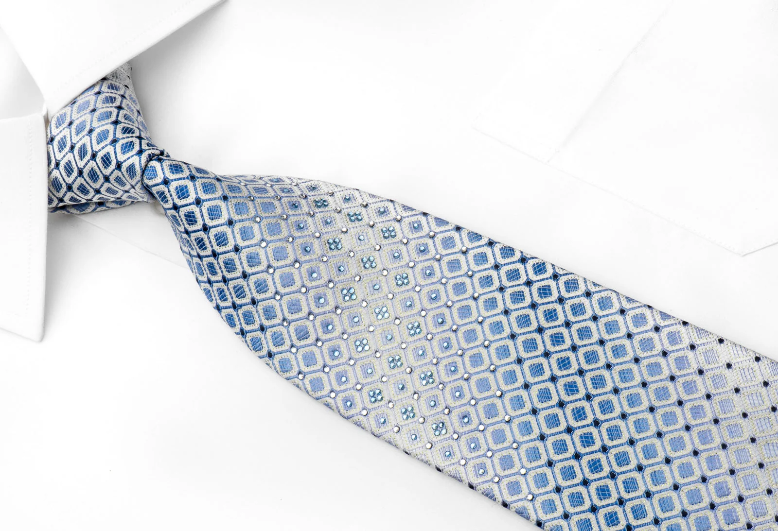 Renoma Men's Rhinestone Silk Necktie Blue Trellis On White With Silver Sparkles - Image 2