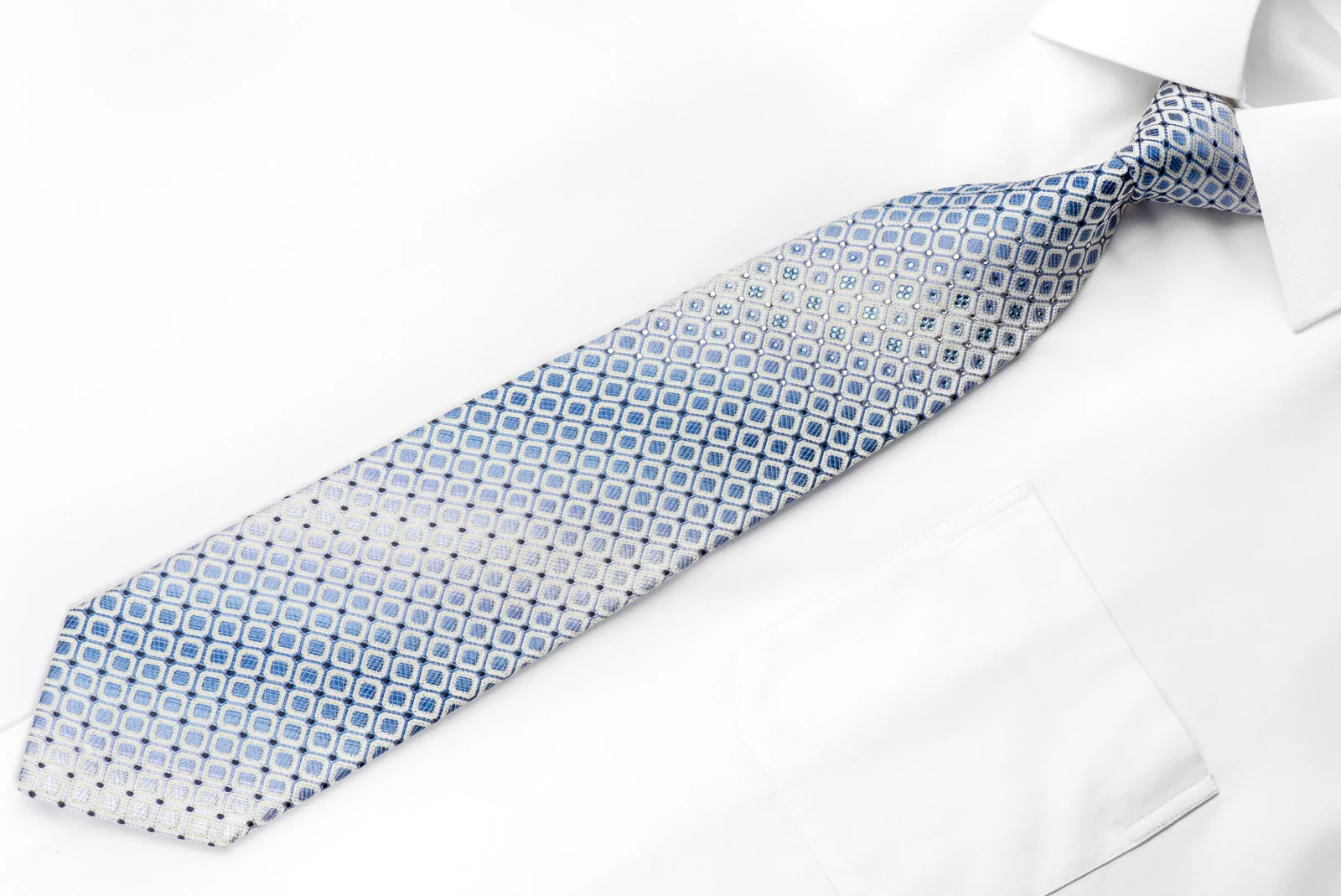 Renoma Men's Rhinestone Silk Necktie Blue Trellis On White With Silver Sparkles - Image 3