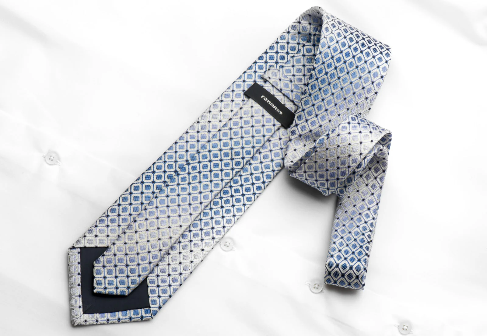 Renoma Men's Rhinestone Silk Necktie Blue Trellis On White With Silver Sparkles - Image 4