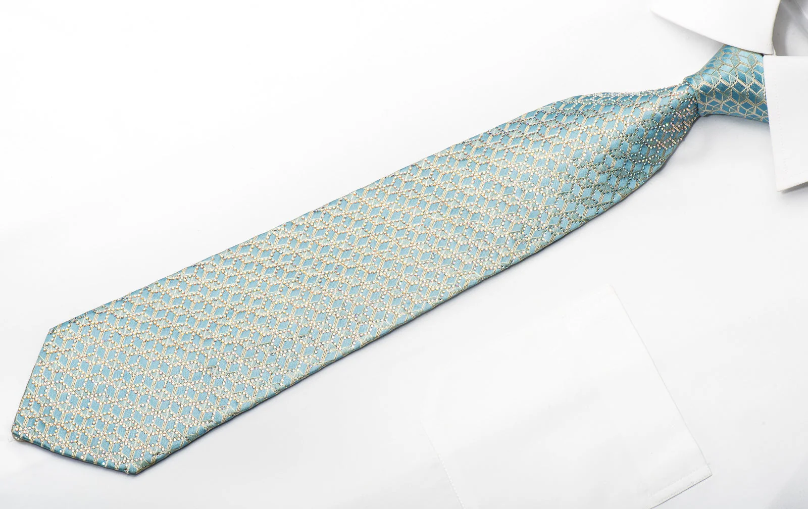 Renoma Men's Rhinestone Silk Necktie Golden Trellis On Light Blue With Gold Sparkles - Image 4