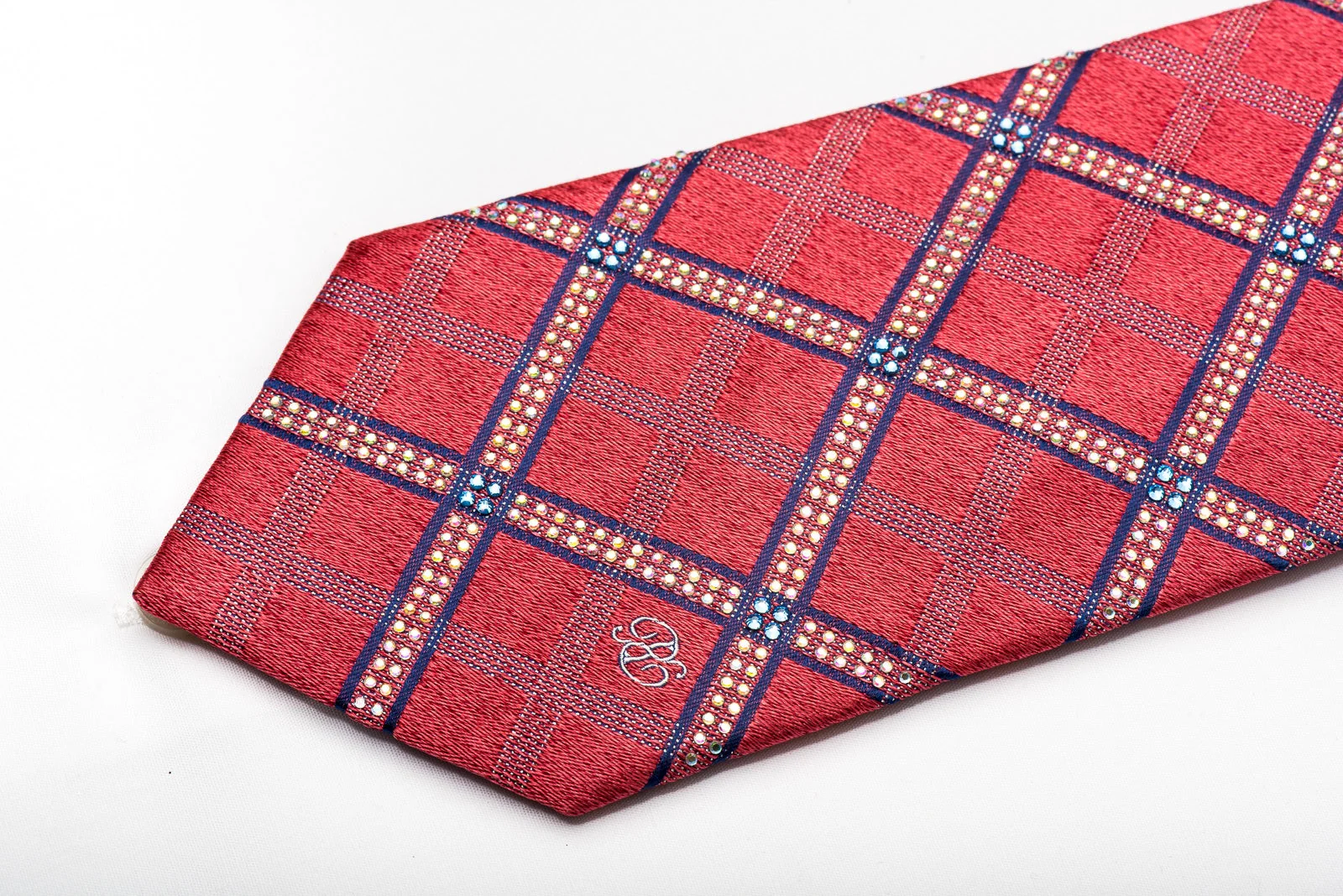 Renoma Men's Rhinestone Silk Tie Checker On Pink With Silver Sparkles - Image 3