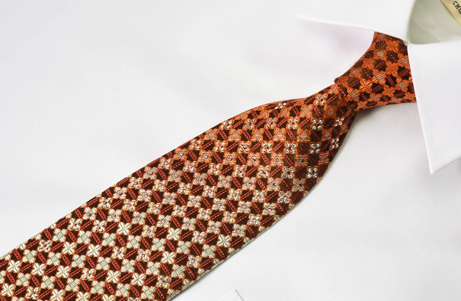 Renoma Men's Rhinestone Silk Tie Orange Burgundy Foulard With Silver Sparkles