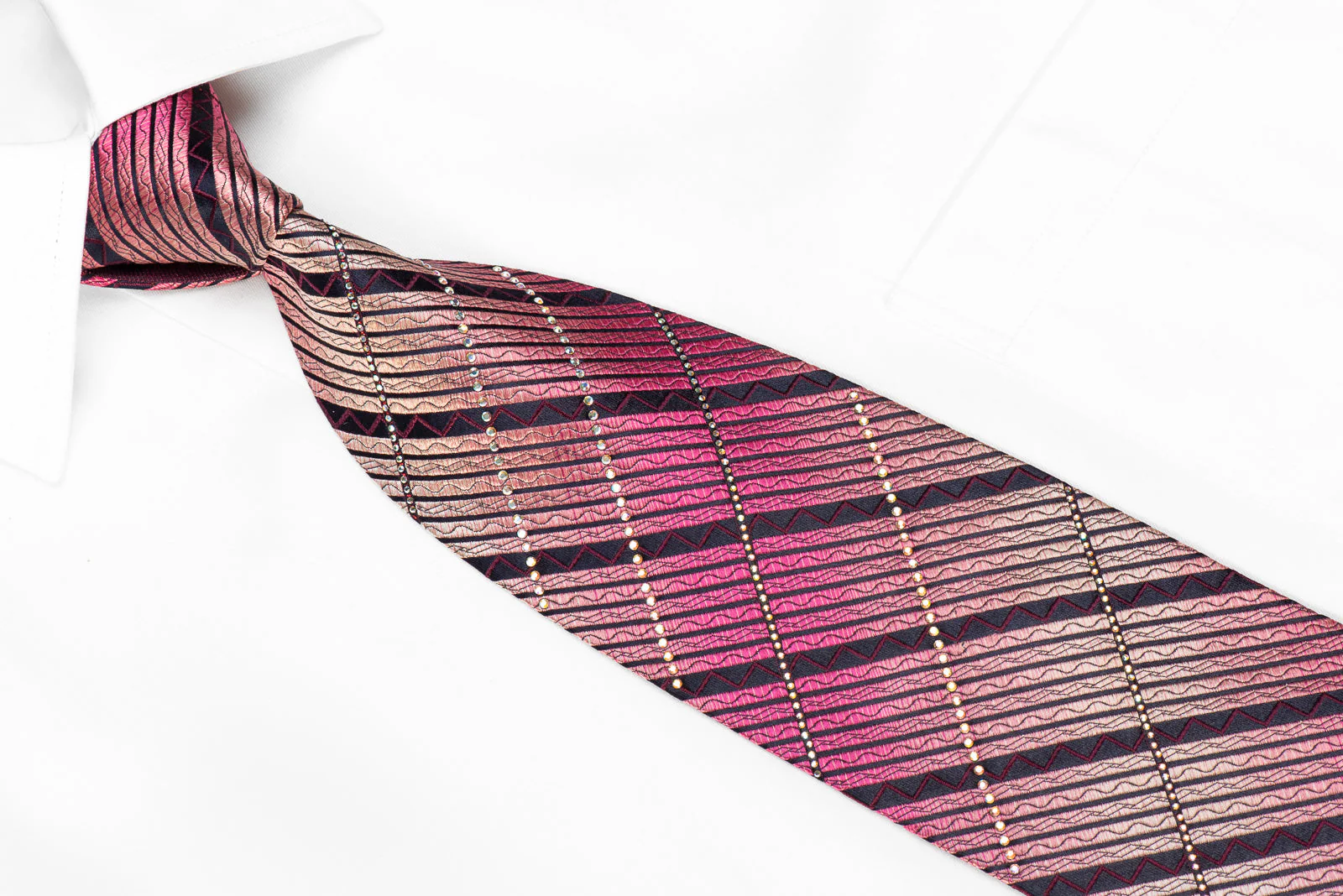 Renoma Men's Rhinestone Tie Pink Striped On Navy With Sparkles - Image 2