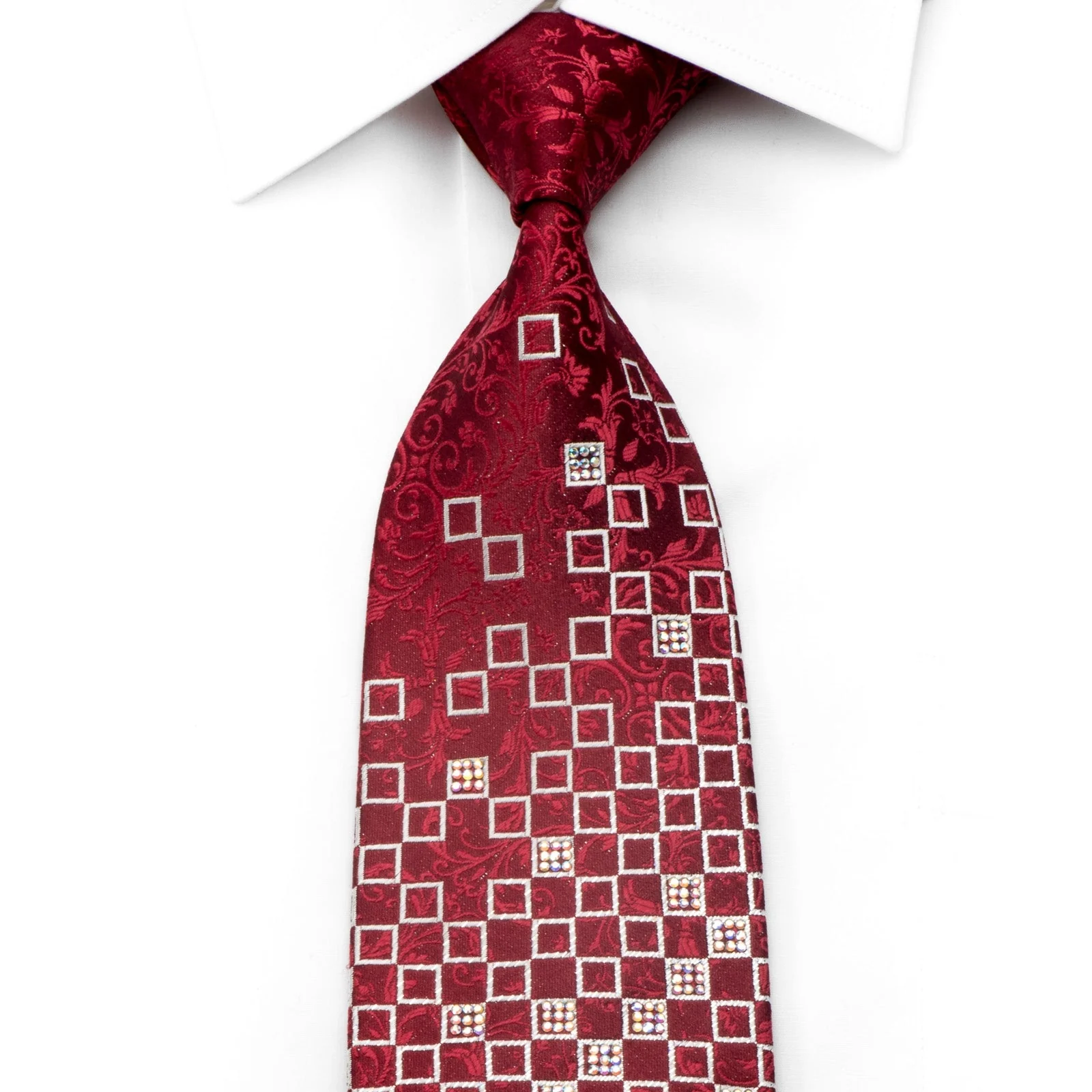 Renoma Men's Rhinestone Tie Silver Squares On Red Acanthus With Sparkles