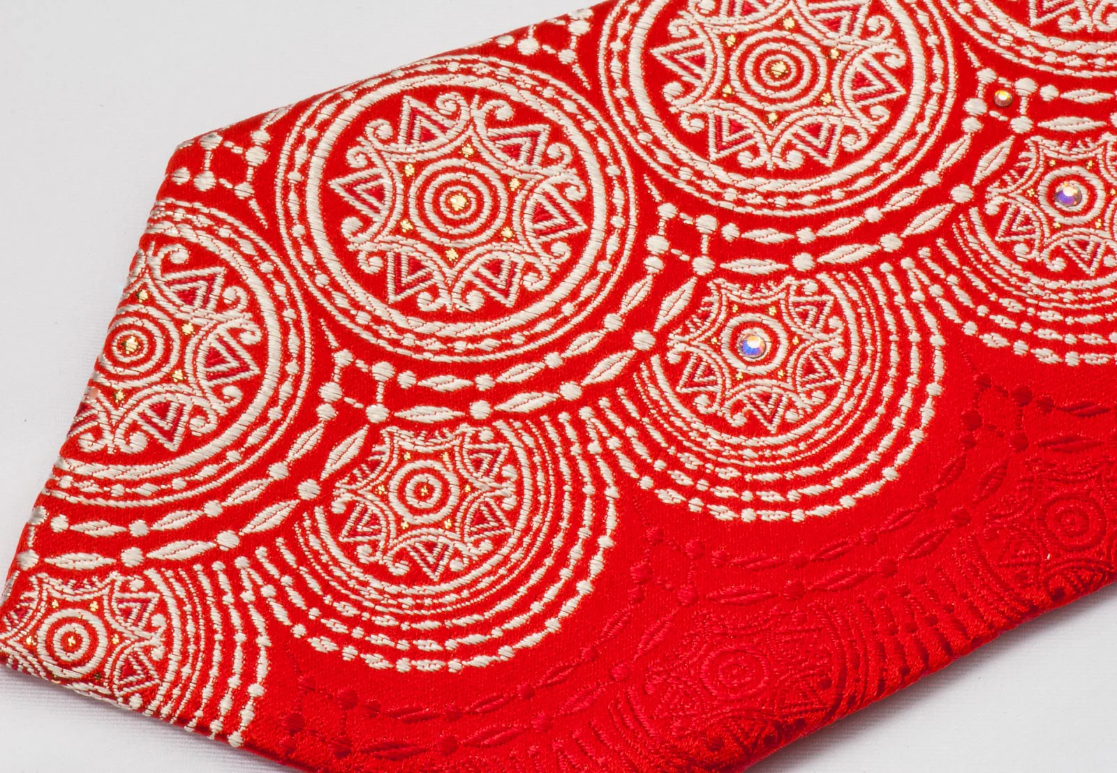 Renoma Men's Silk Neck Tie White Medallions On Red With Silver Sparkles - Image 2