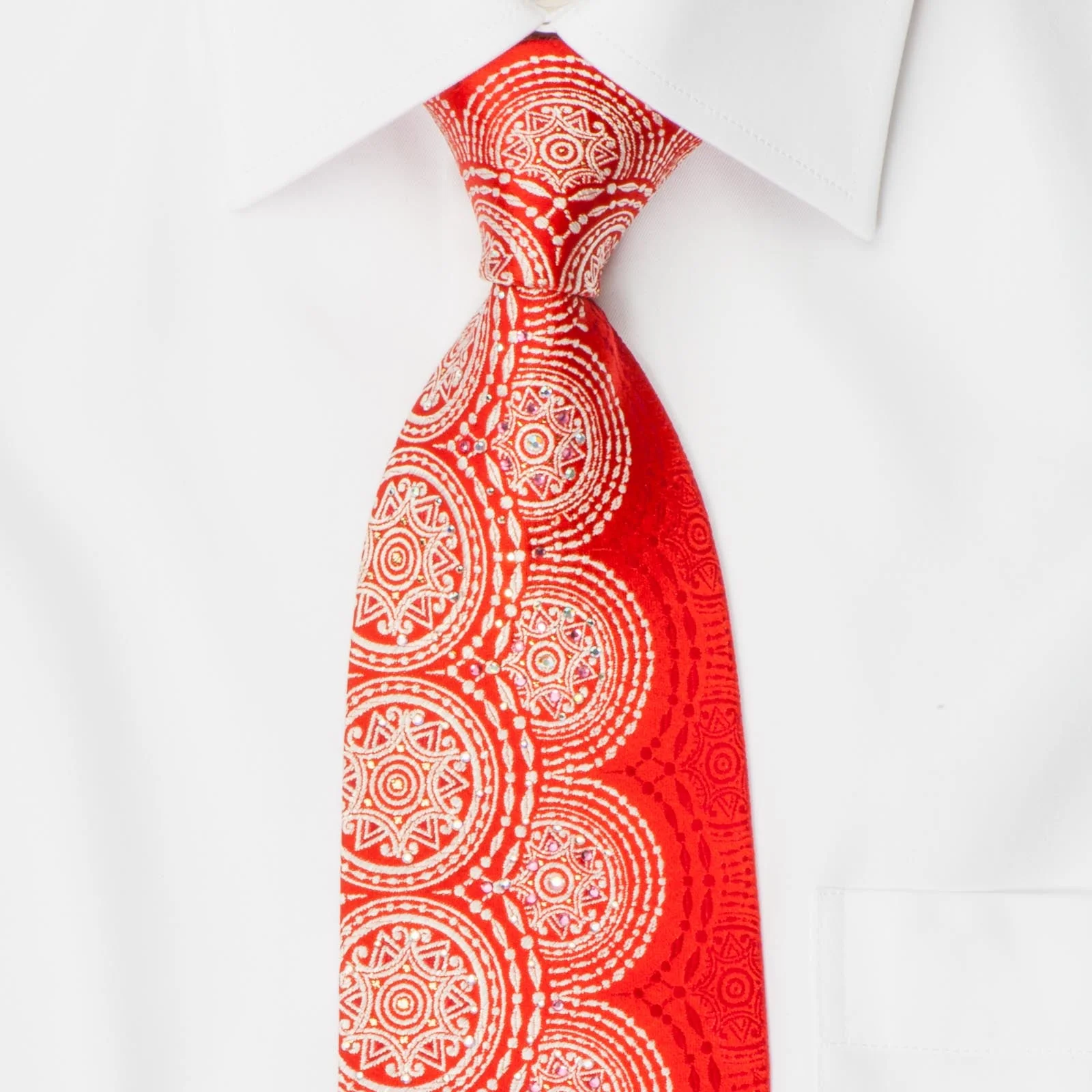 Renoma Men's Silk Neck Tie White Medallions On Red With Silver Sparkles - Image 4