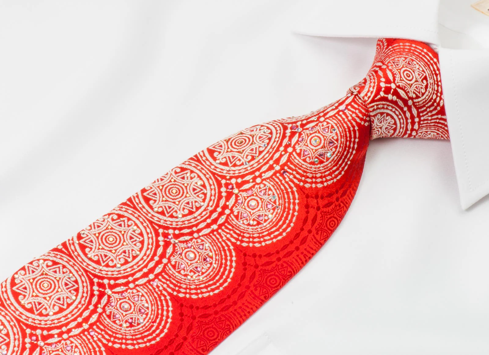 Renoma Men's Silk Neck Tie White Medallions On Red With Silver Sparkles - Image 5