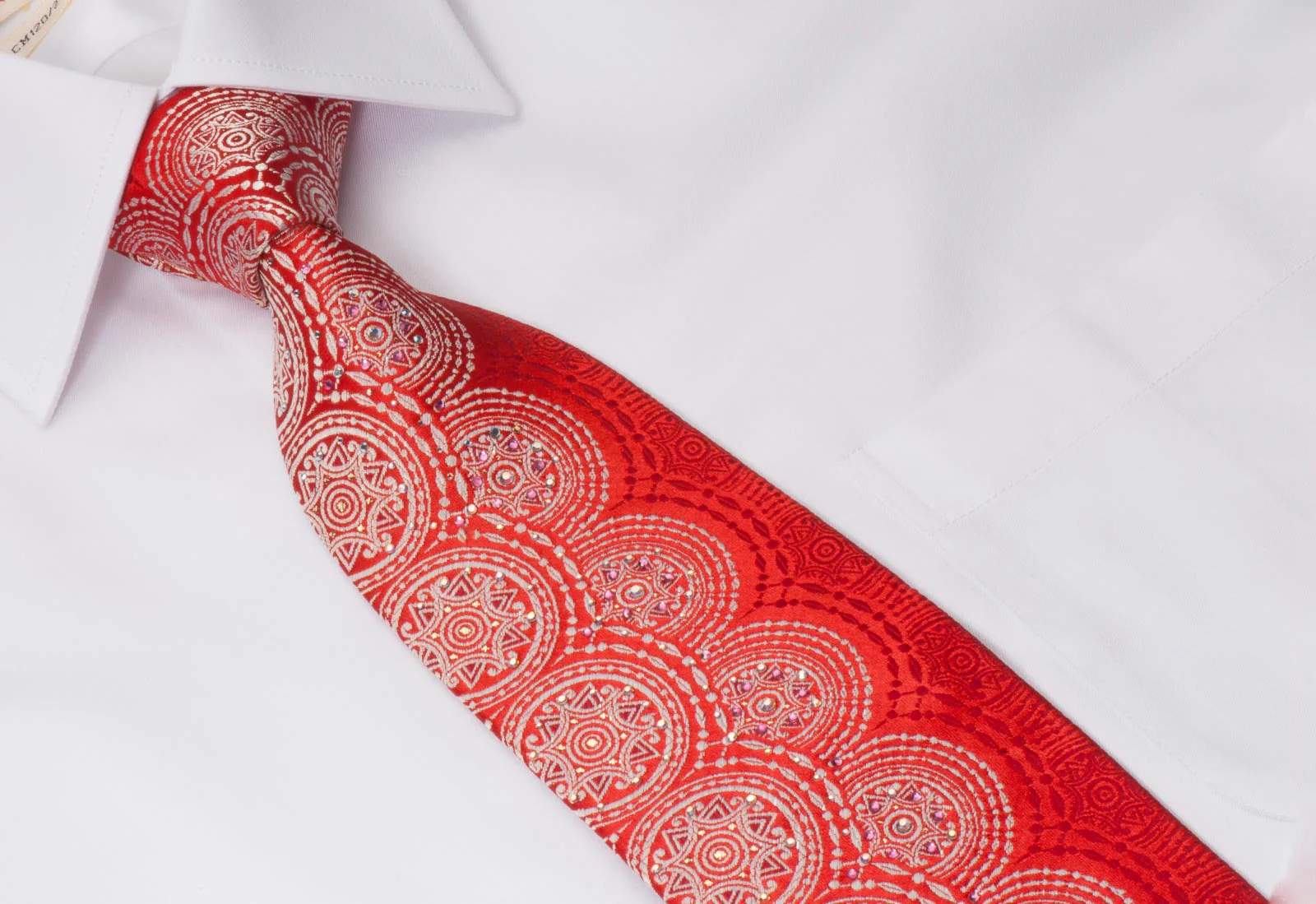 Renoma Men's Silk Neck Tie White Medallions On Red With Silver Sparkles - Image 6