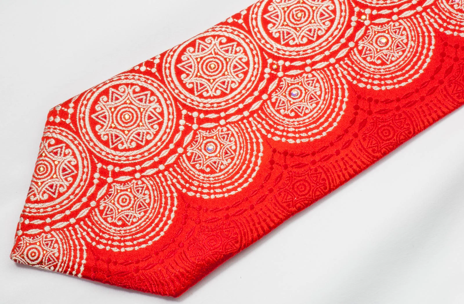 Renoma Men's Silk Neck Tie White Medallions On Red With Silver Sparkles - Image 8
