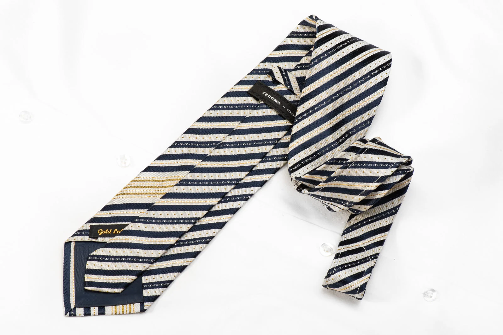 Renoma Men's Silk Necktie Blue Silver Striped With Gold Sparkles - Image 4
