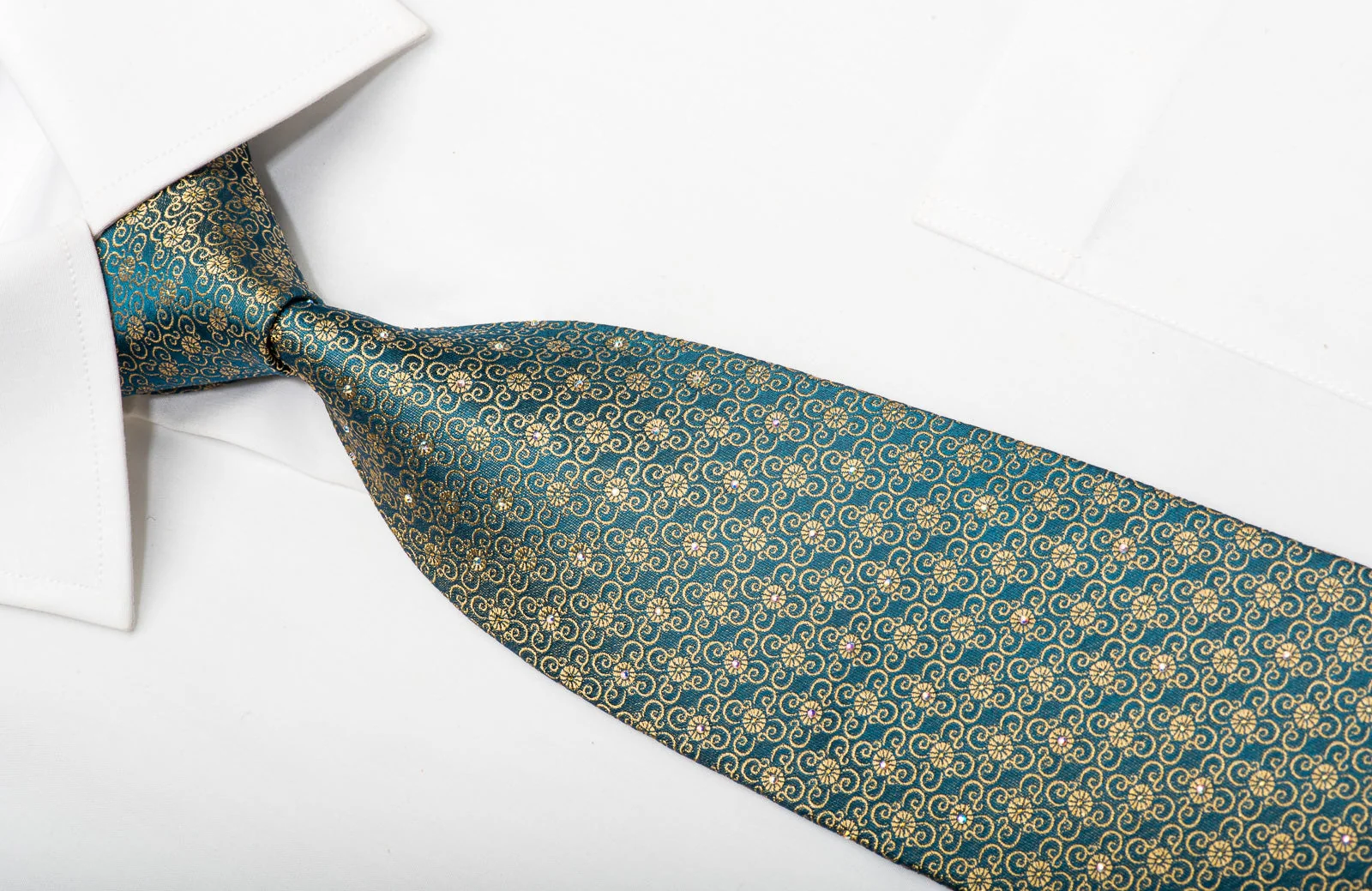 Renoma Men's Silk Necktie Gold Floral On Dark Teal Sparkling With Rhinestones - Image 2
