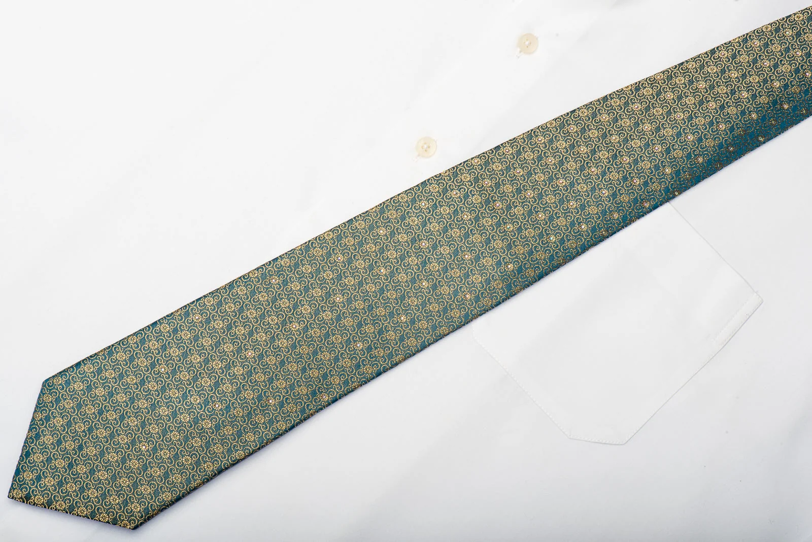 Renoma Men's Silk Necktie Gold Floral On Dark Teal Sparkling With Rhinestones - Image 6