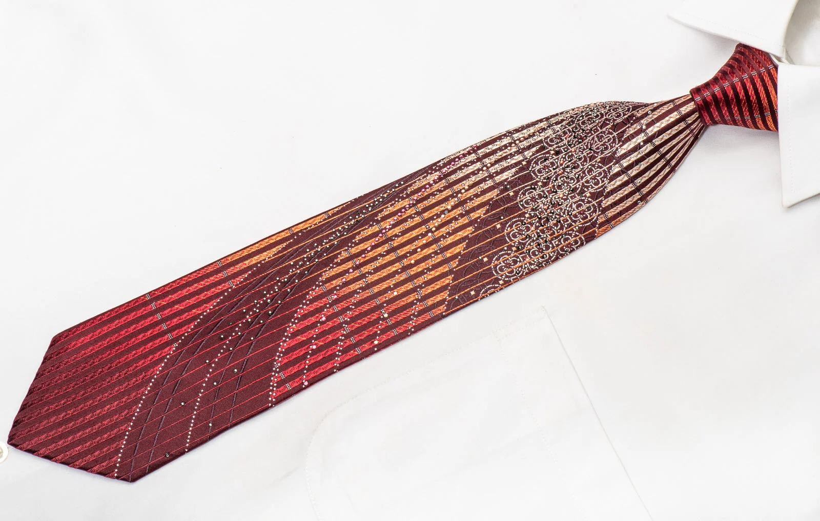 Renoma Men's Silk Necktie Orange Vertical Striped On Burgundy Sparkling With Rhinestones - Image 4