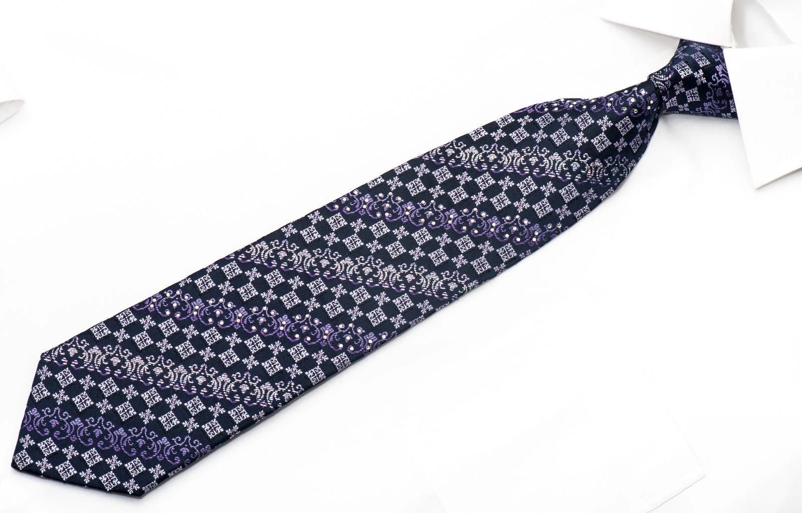 Renoma Men's Silk Necktie Purple Cartouche On Navy Sparkling With Rhinestones - Image 2
