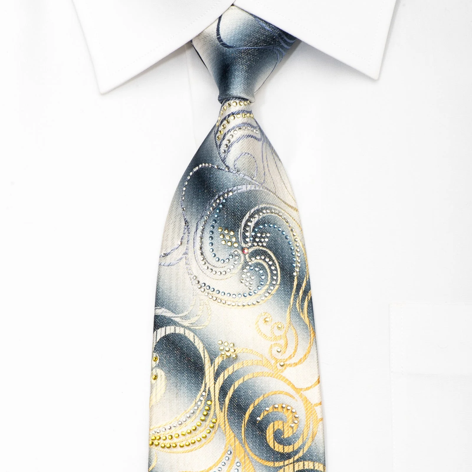 Renoma Men's Silk Necktie Scrolls On Silver Sparkling With Rhinestones