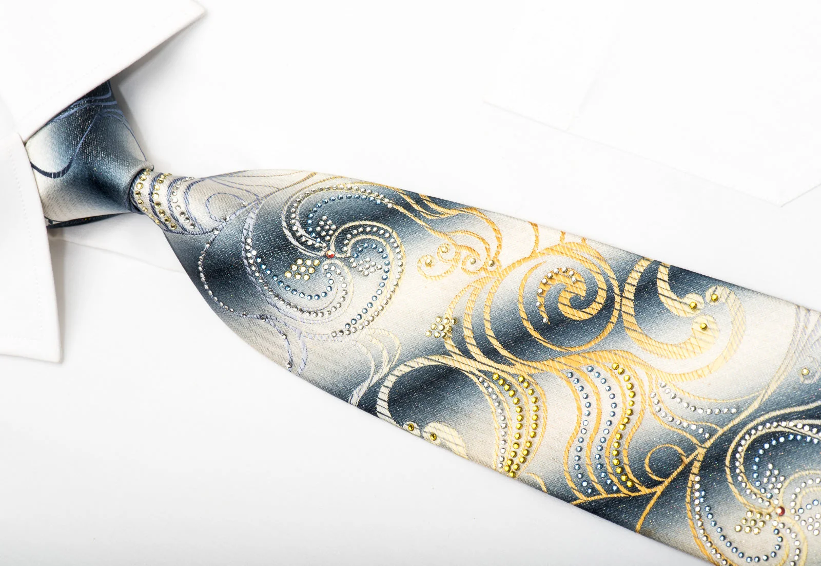 Renoma Men's Silk Necktie Scrolls On Silver Sparkling With Rhinestones - Image 2