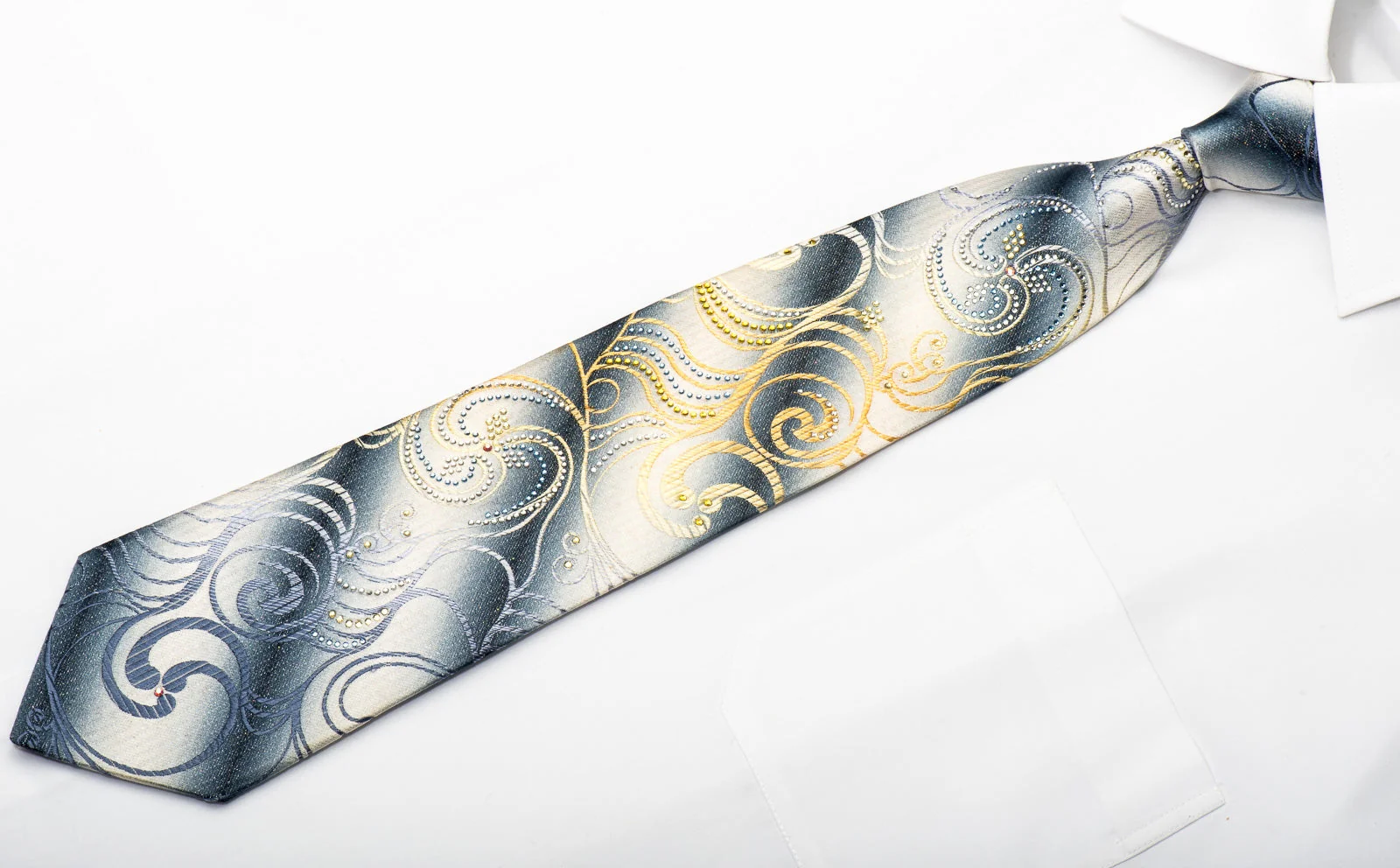 Renoma Men's Silk Necktie Scrolls On Silver Sparkling With Rhinestones - Image 4