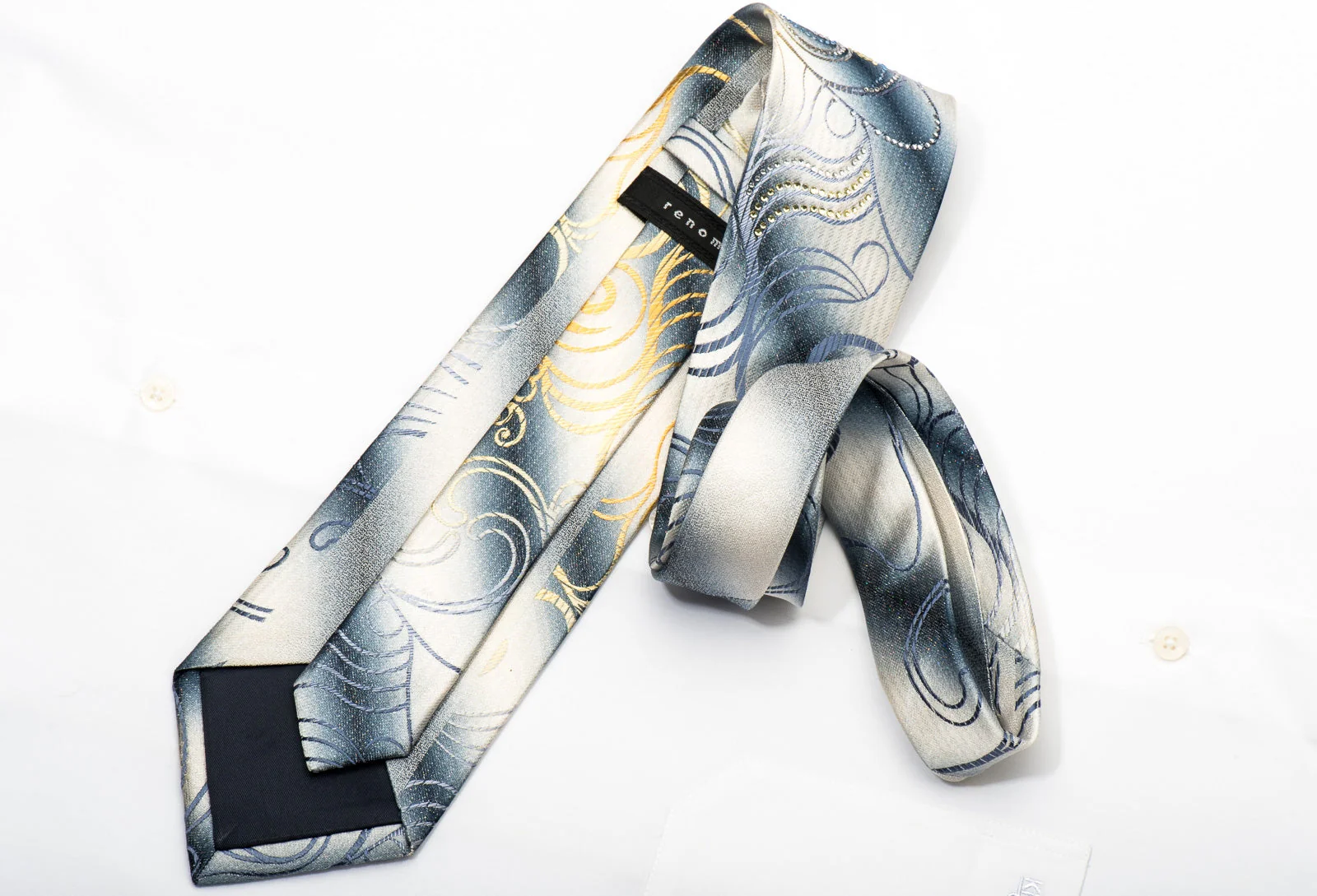 Renoma Men's Silk Necktie Scrolls On Silver Sparkling With Rhinestones - Image 5