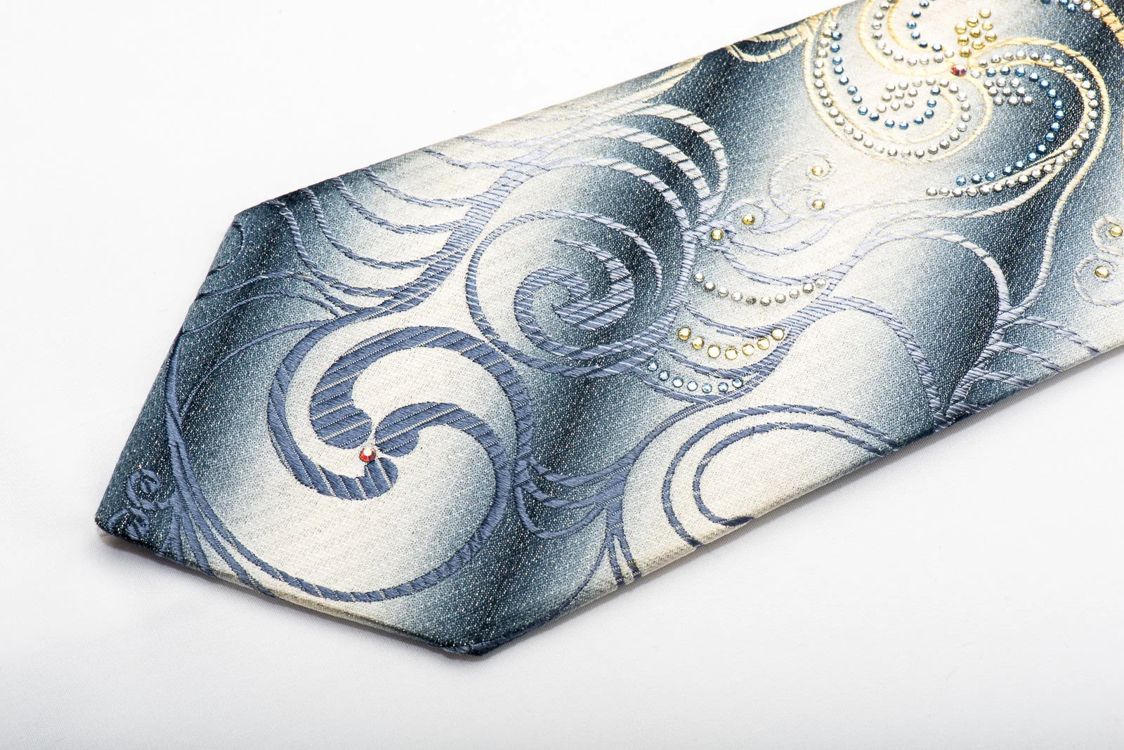 Renoma Men's Silk Necktie Scrolls On Silver Sparkling With Rhinestones - Image 6