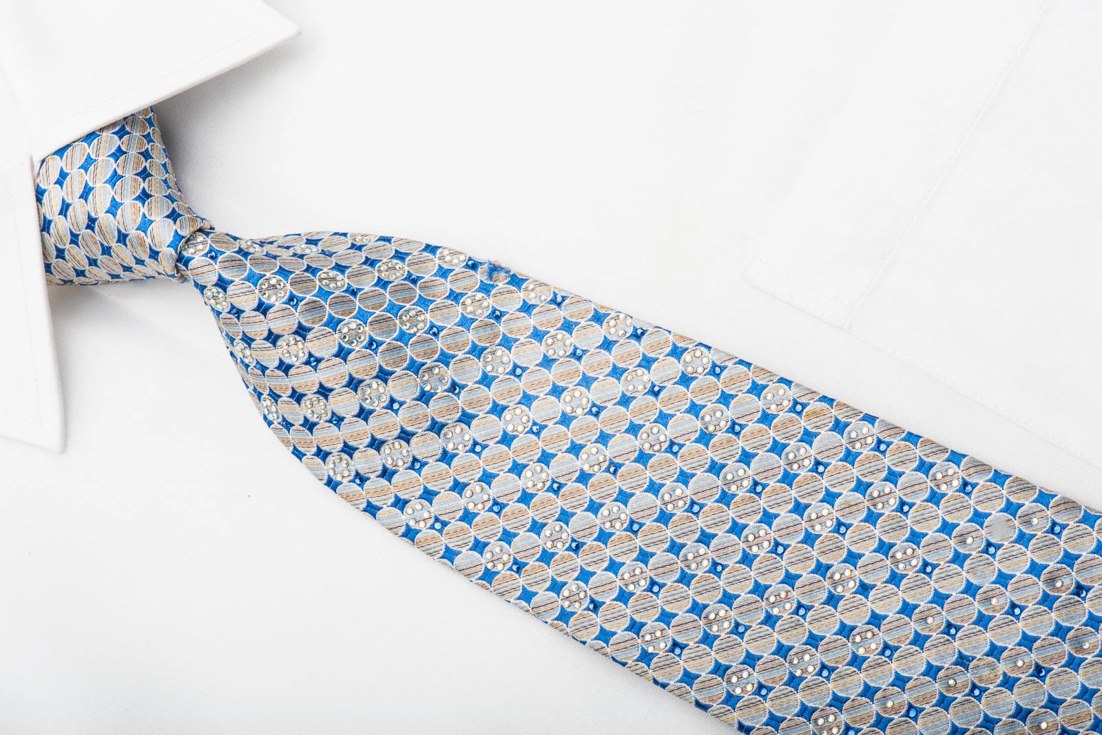 Renoma Men's Silk Necktie Silver Circles On Blue Sparkling With Rhinestones - Image 3
