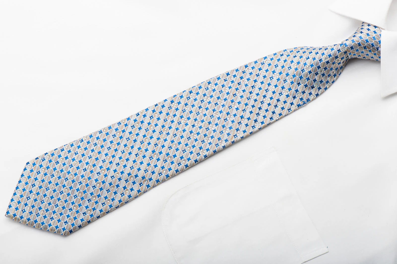 Renoma Men's Silk Necktie Silver Circles On Blue Sparkling With Rhinestones - Image 4