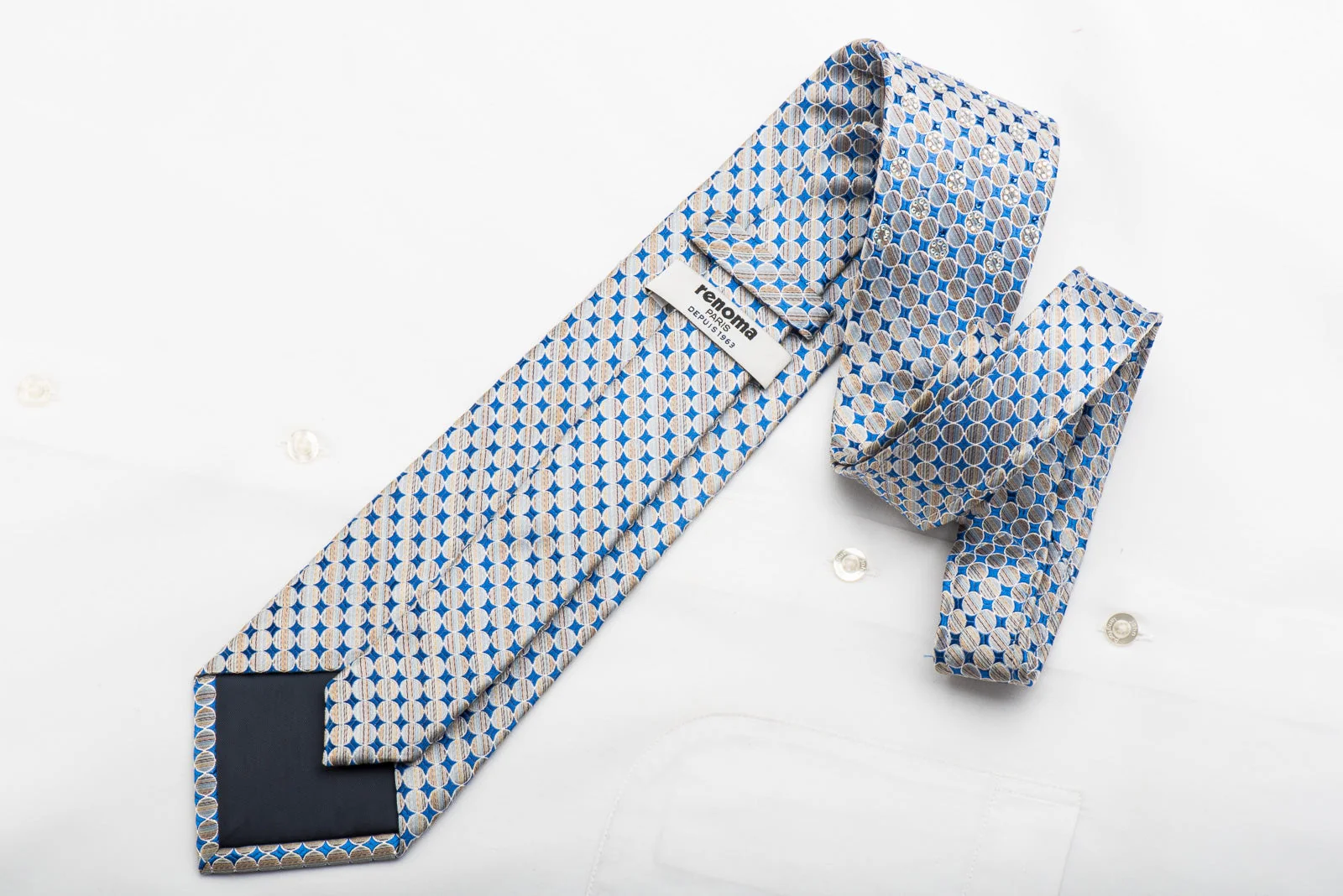 Renoma Men's Silk Necktie Silver Circles On Blue Sparkling With Rhinestones - Image 5