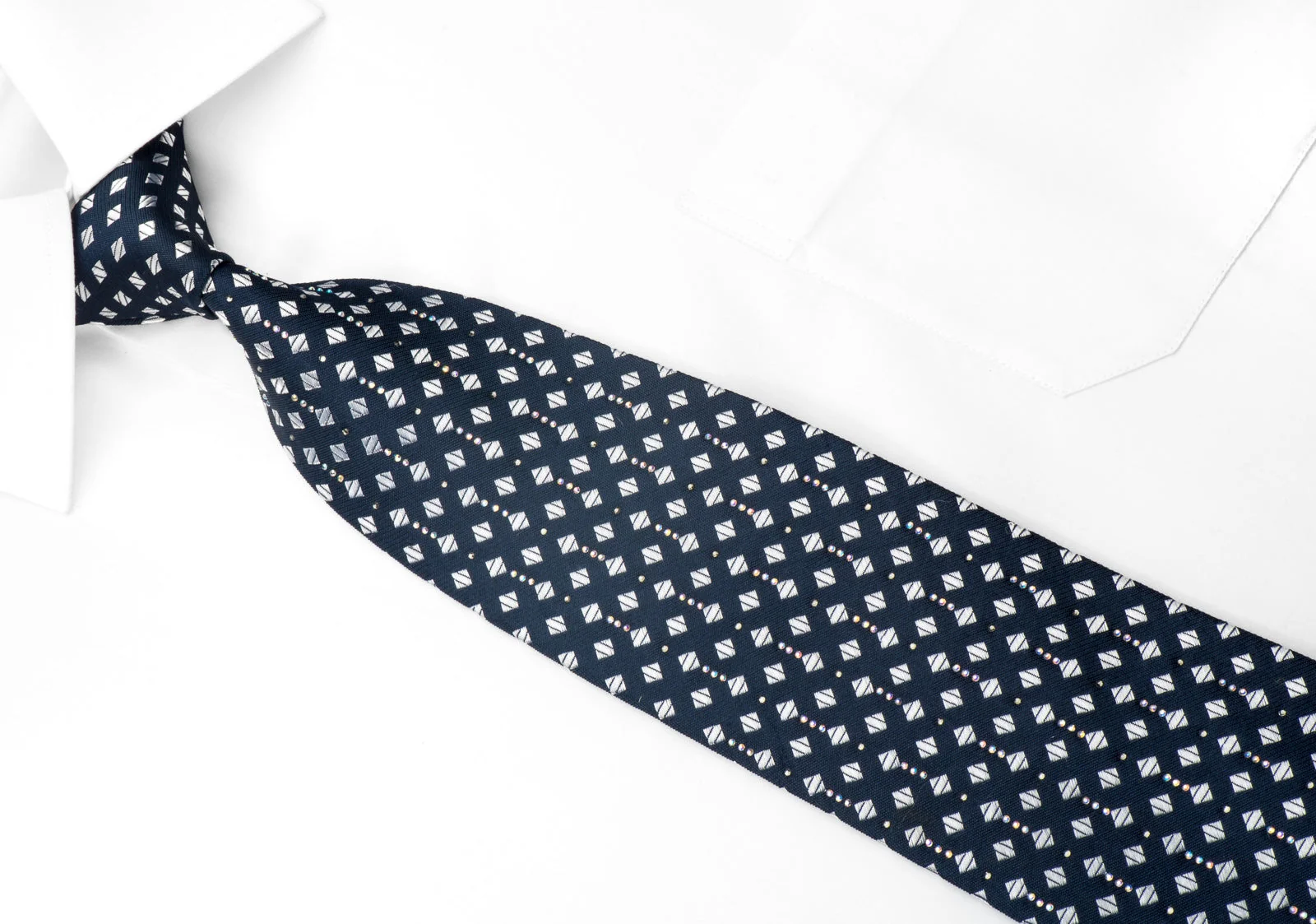 Renoma Men's Silk Necktie Silver Squares On Navy Sparkling With Crystal Rhinestones - Image 2