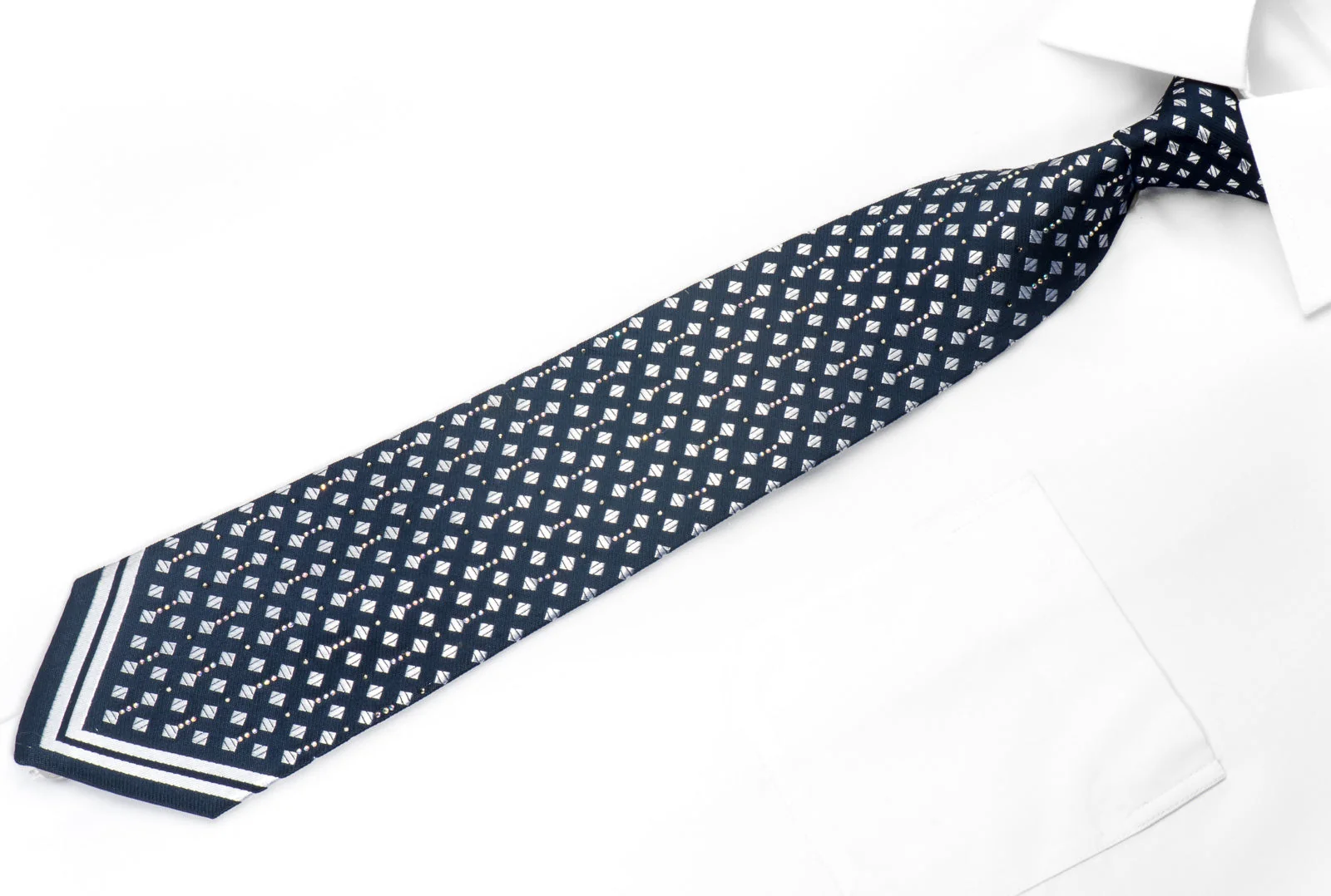 Renoma Men's Silk Necktie Silver Squares On Navy Sparkling With Crystal Rhinestones - Image 3