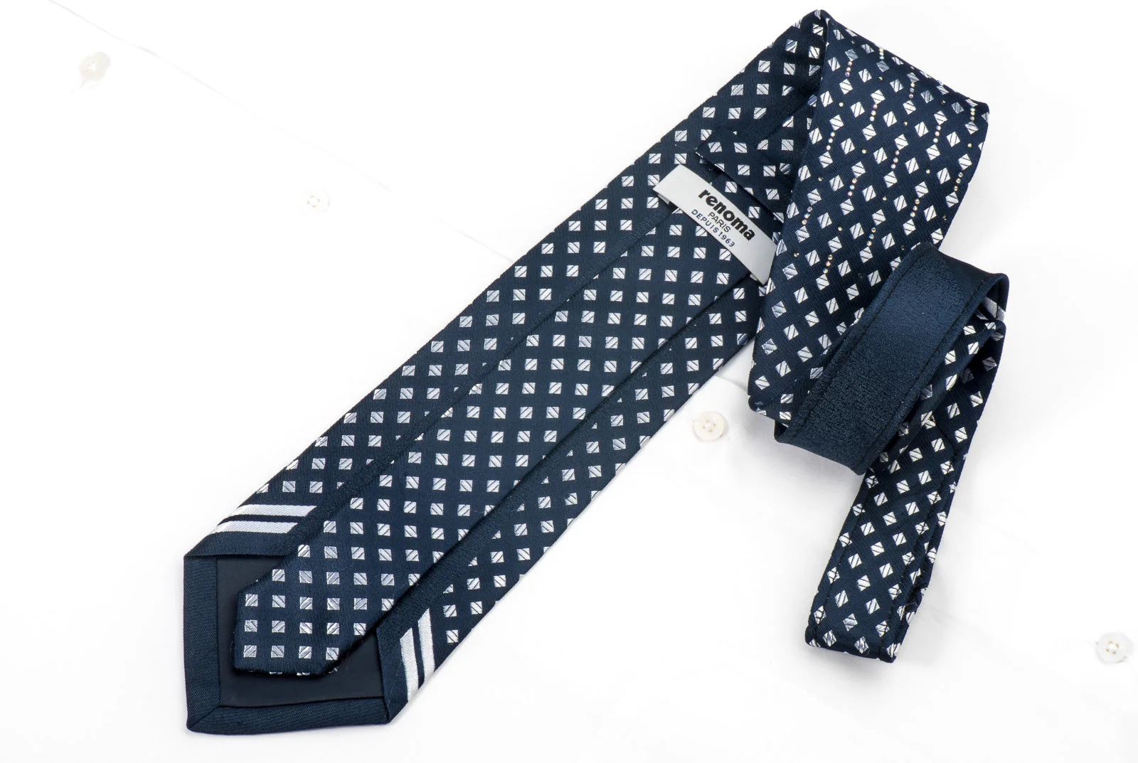Renoma Men's Silk Necktie Silver Squares On Navy Sparkling With Crystal Rhinestones - Image 4