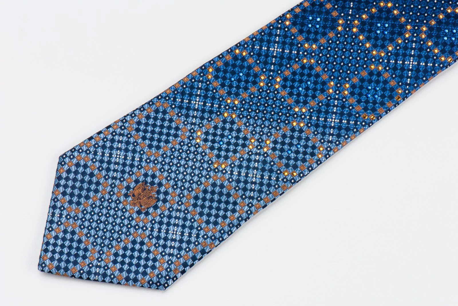 Renoma Men's Silk Rhinestone Necktie Blue Bronze Chequer With Silver Sparkles - Image 5