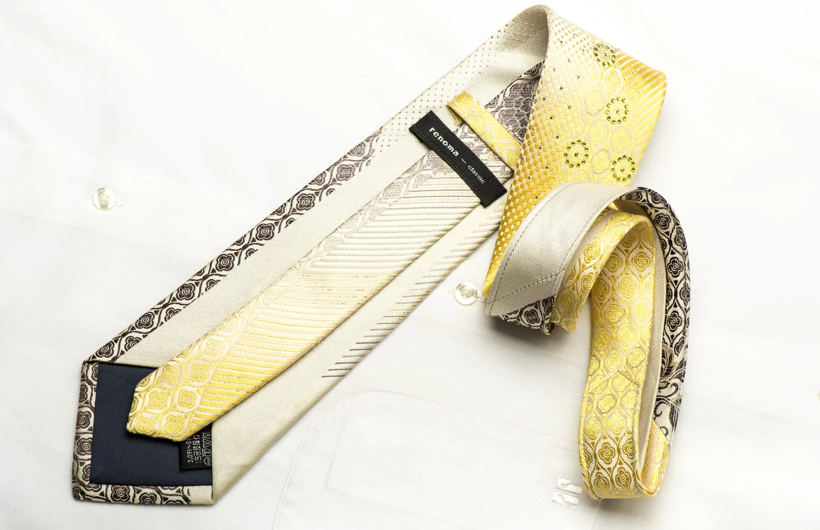Renoma Men's Silk Rhinestone Necktie Striped & Floral On Yellow With Sparkles - Image 4