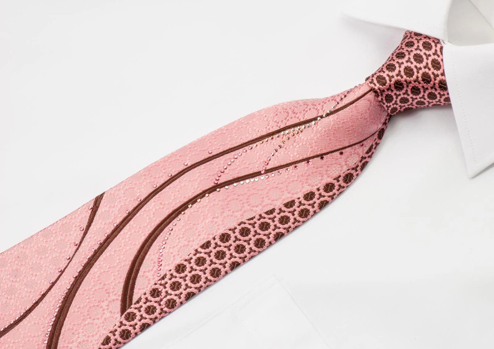 Renoma Men's Silk Rhinestone Necktie Waves On Pink With Silver Sparkles