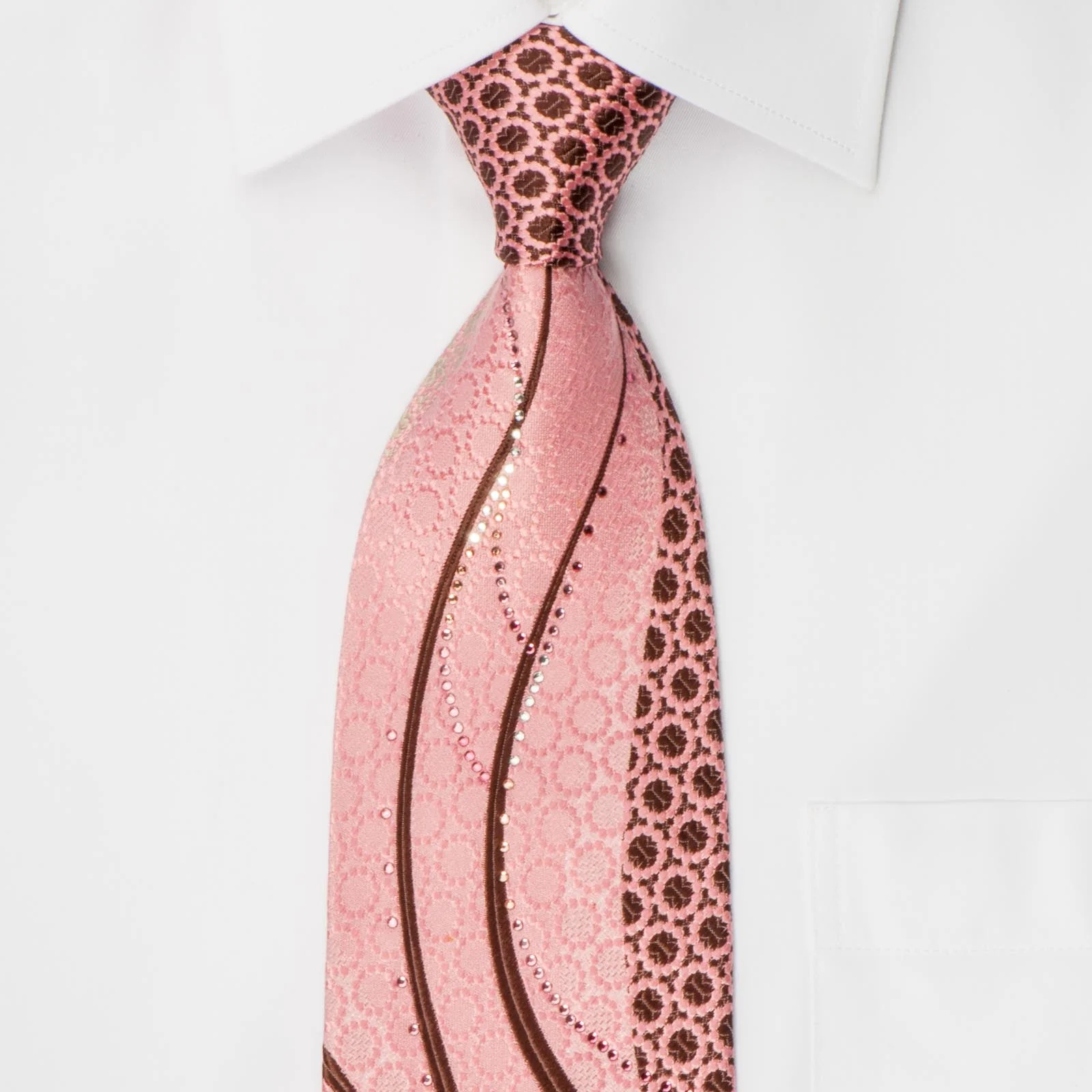 Renoma Men's Silk Rhinestone Necktie Waves On Pink With Silver Sparkles - Image 2
