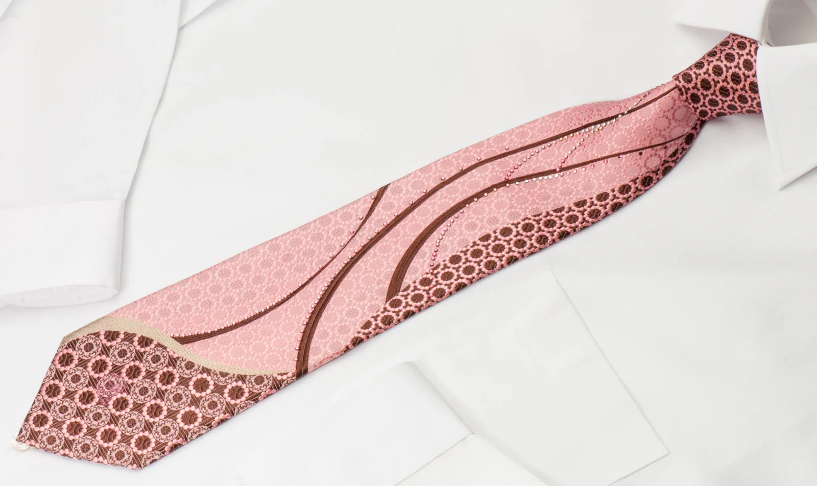 Renoma Men's Silk Rhinestone Necktie Waves On Pink With Silver Sparkles - Image 5