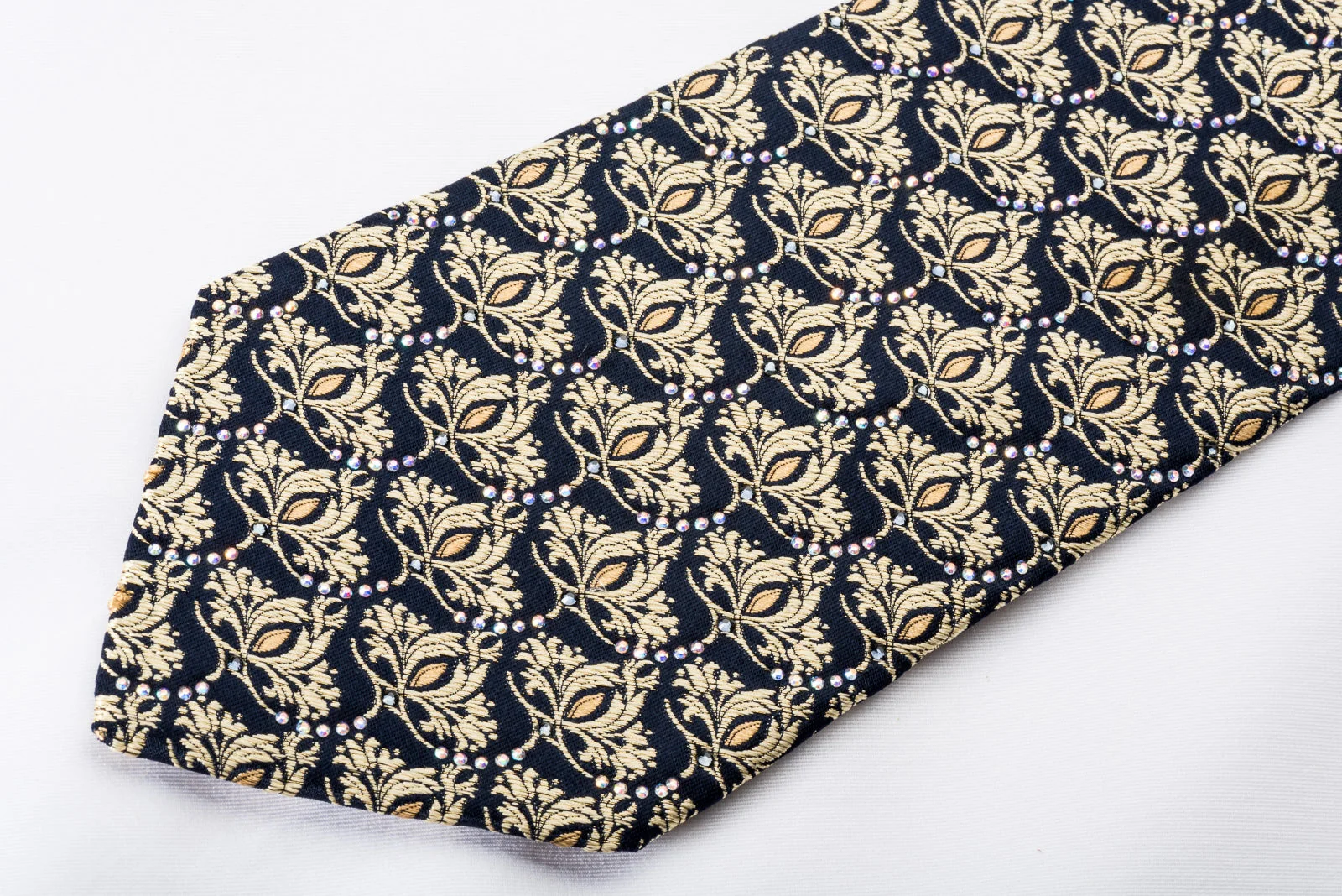 Renoma Men's Silk Tie Gold Baroque On Navy Sparkling With Rhinestones - Image 3