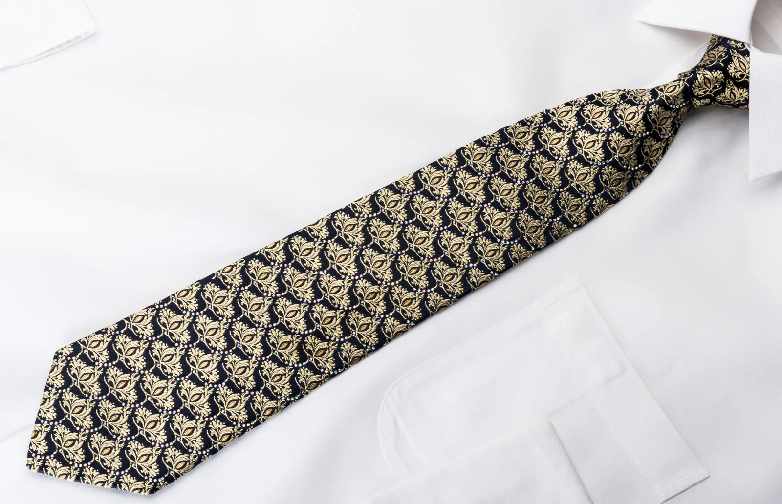 Renoma Men's Silk Tie Gold Baroque On Navy Sparkling With Rhinestones - Image 4
