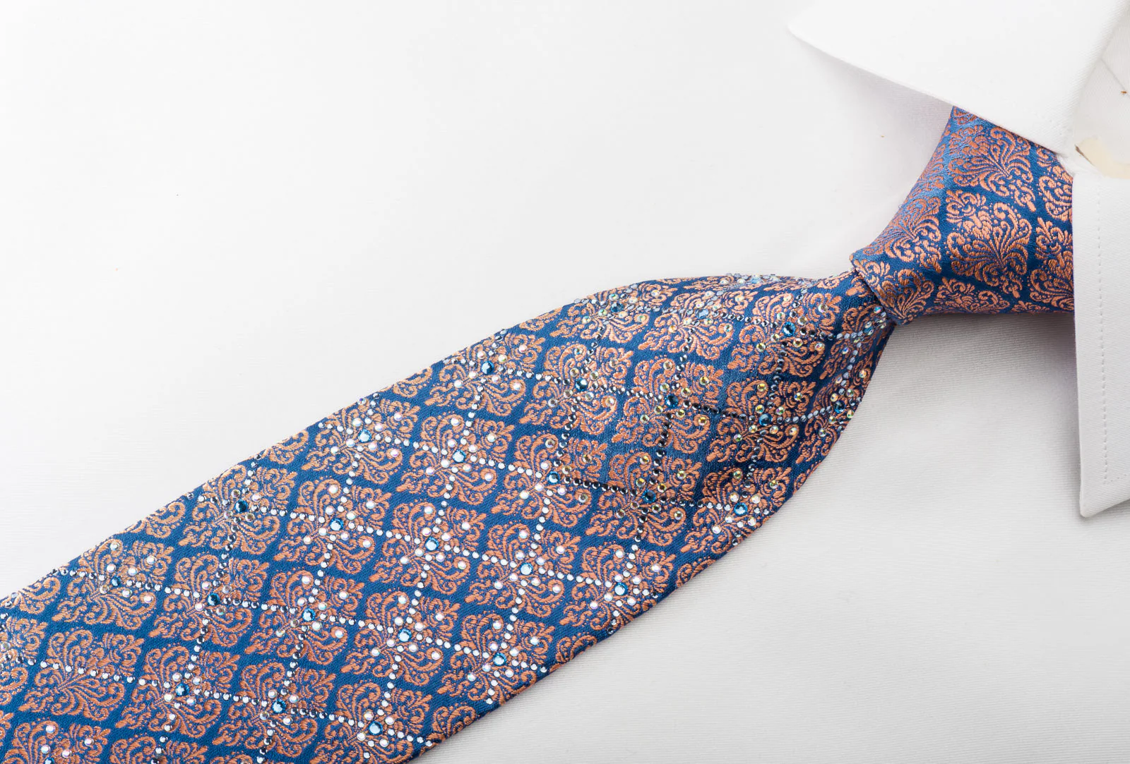 Renoma Men's Silk Tie Orange Damask On Blue Sparkling With Rhinestones - Image 6