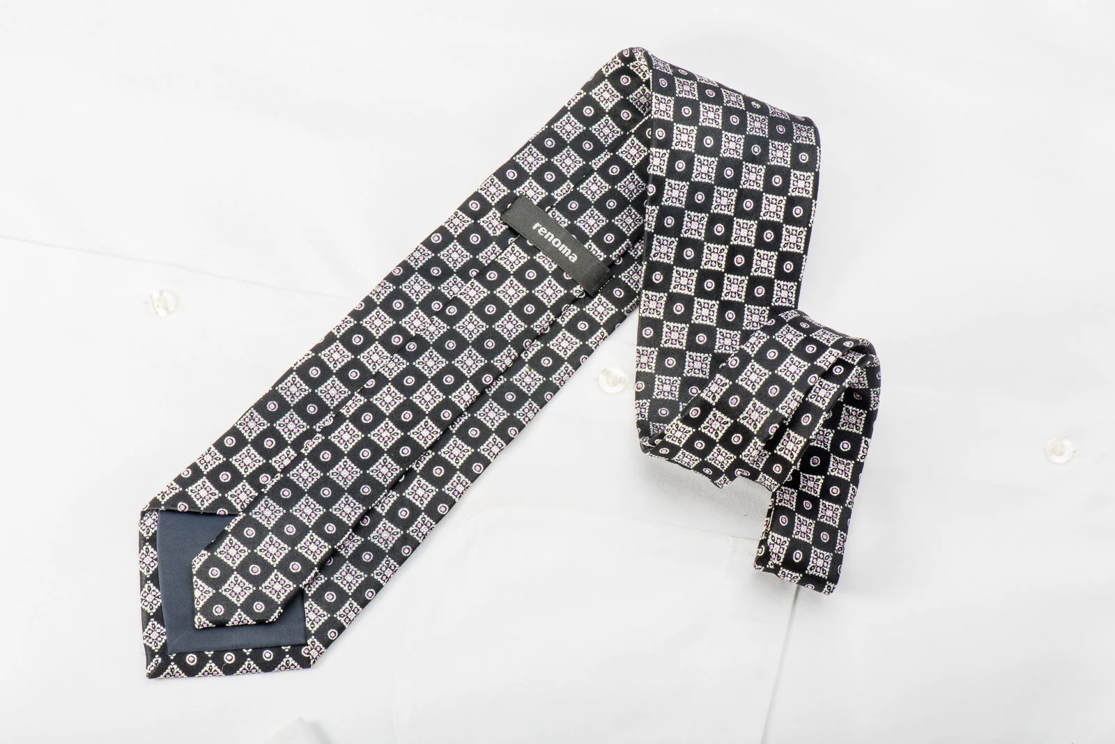 Renoma Men's Silk Tie Silver Checker On Black With Silver Sparkles - Image 4