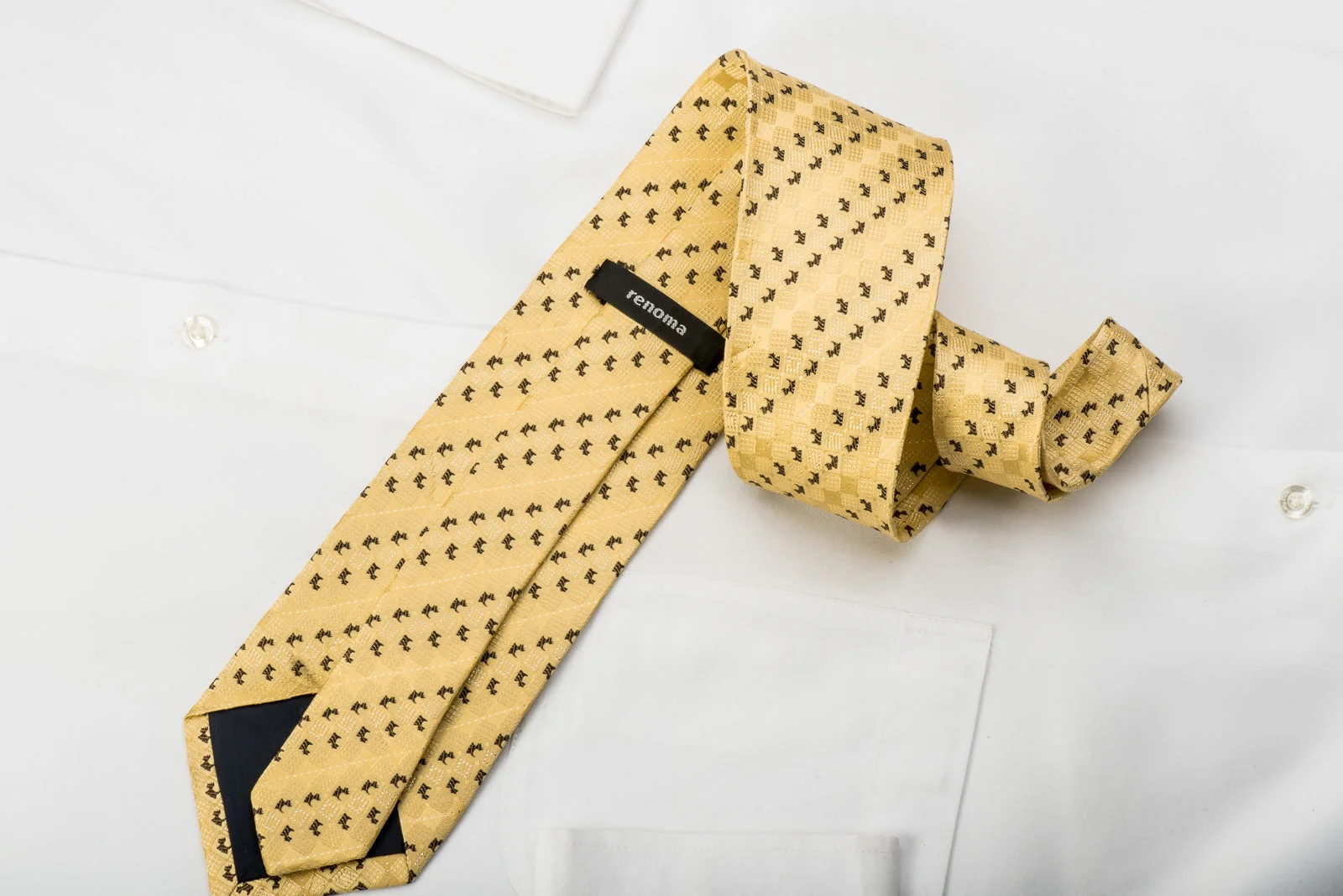 Renoma Men's Woven Silk Necktie Scottie Dogs On Yellow With Silver Sparkles - Image 3