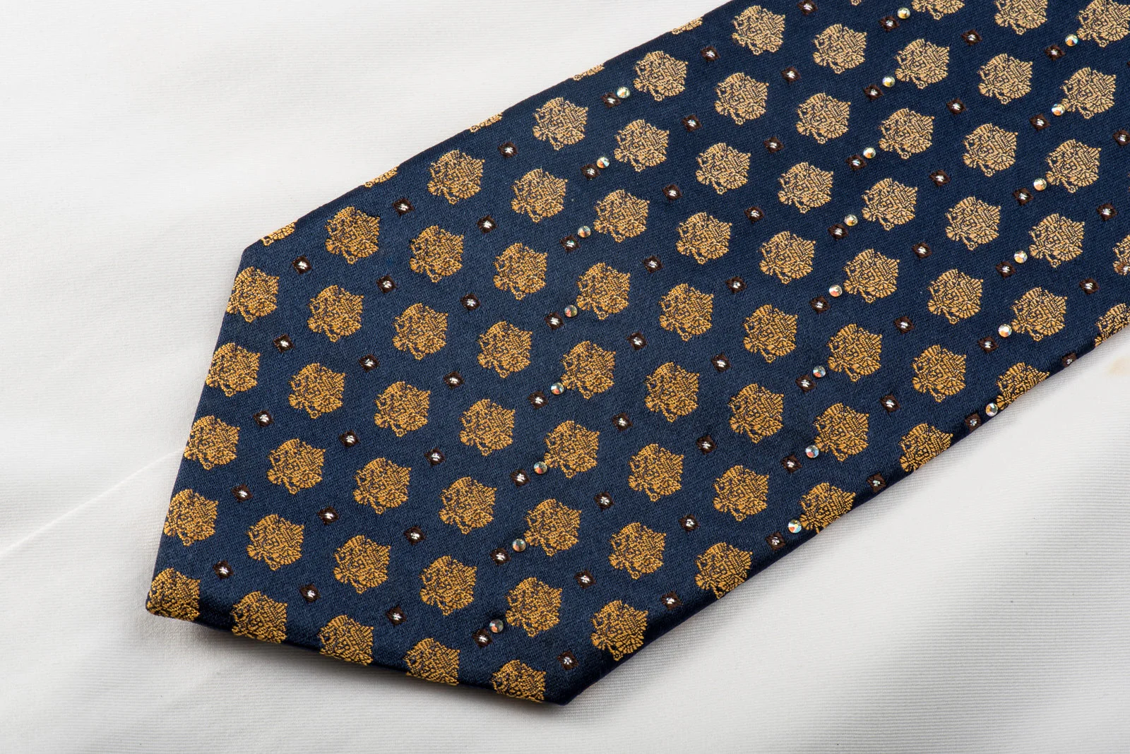 Renoma Mens Crystal Rhinestone Necktie Yellow Cartouche On Navy With Silver Sparkles - Image 3