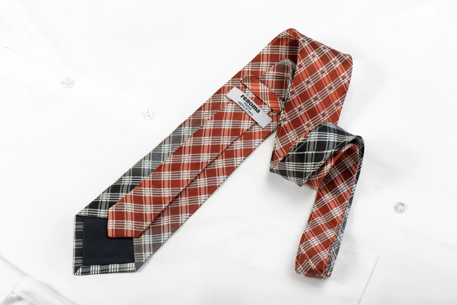 Renoma Mens Crystal Rhinestone Silk Tie Orange White Plaids With Silver Sparkles - Image 4