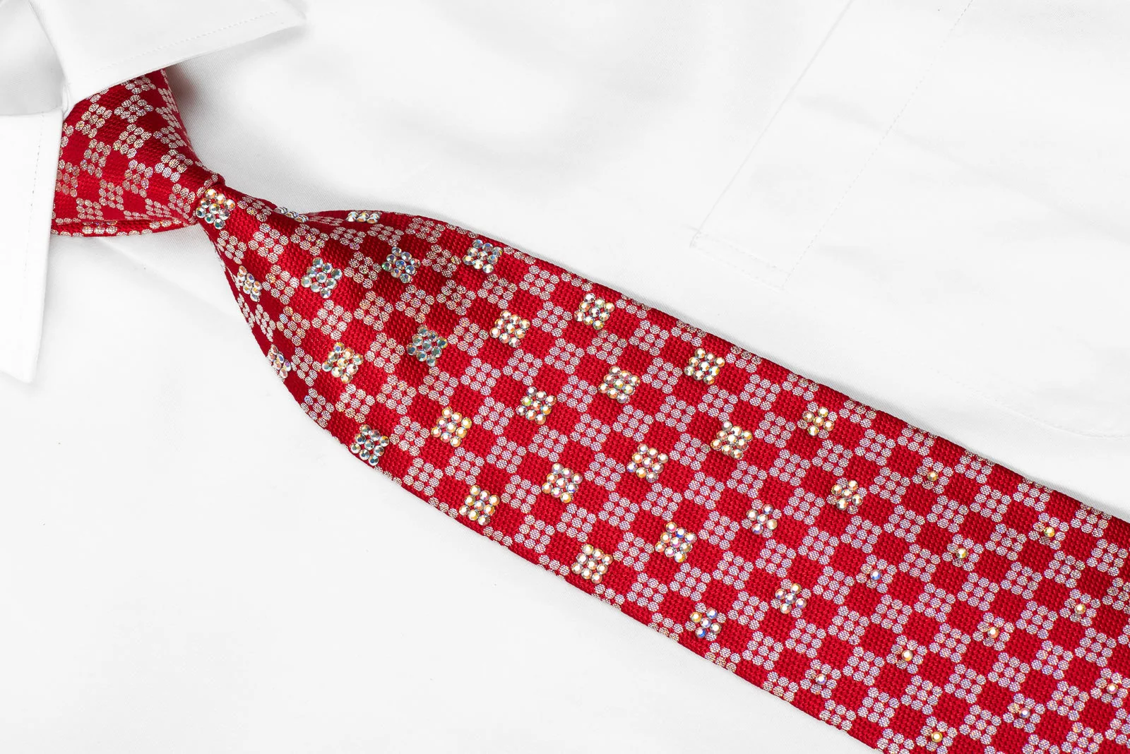Renoma Mens Crystal Rhinestone Silk Tie Silver Red Checkered With Silver Sparkles - Image 3