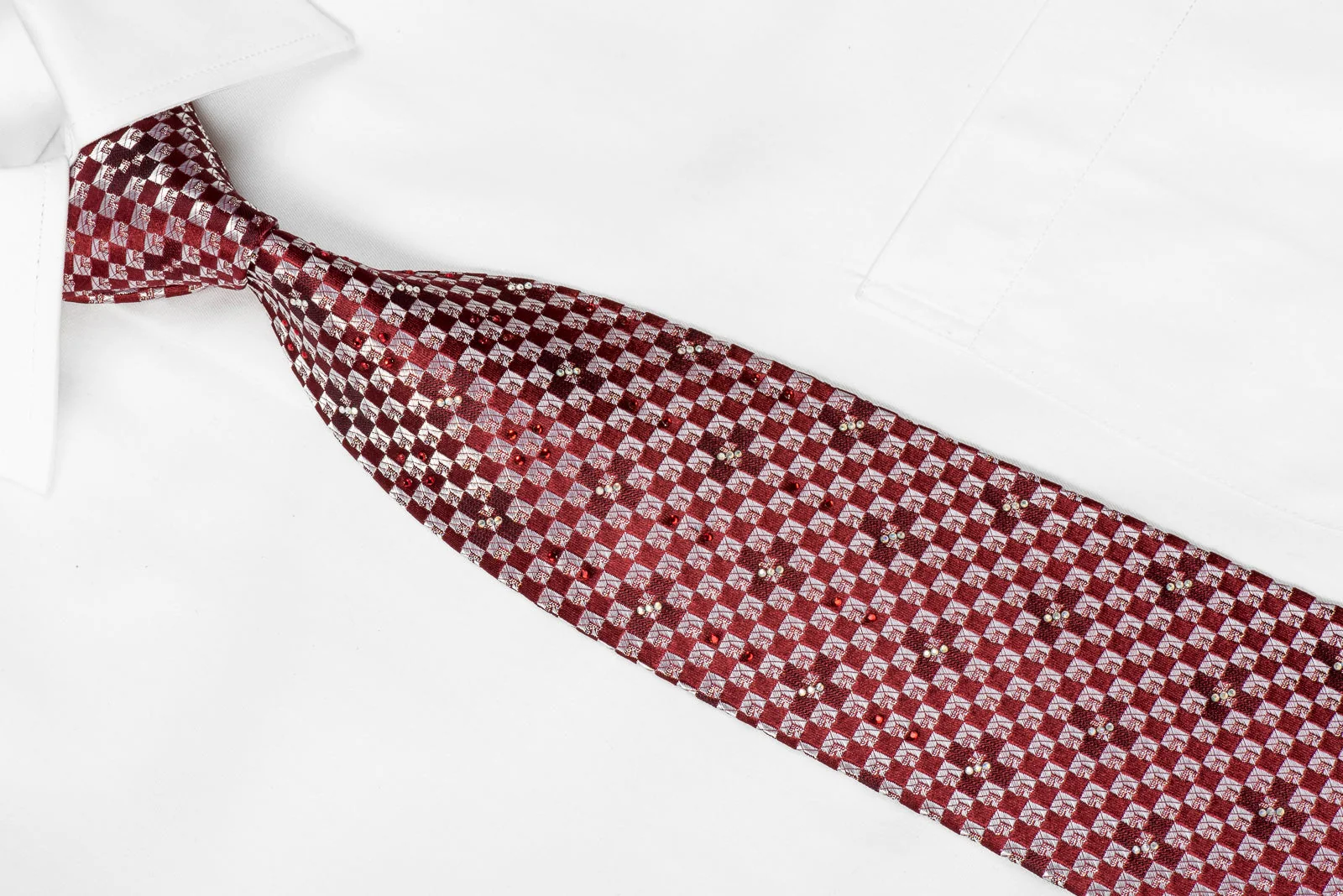 Renoma Mens Crystal Silk Necktie Silver Burgundy Checkered With Silver Sparkles - Image 2